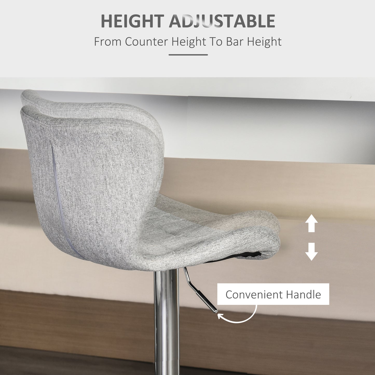 HOMCOM Two Grey Linen Adjustable Swivel Bar Stools with Footrest