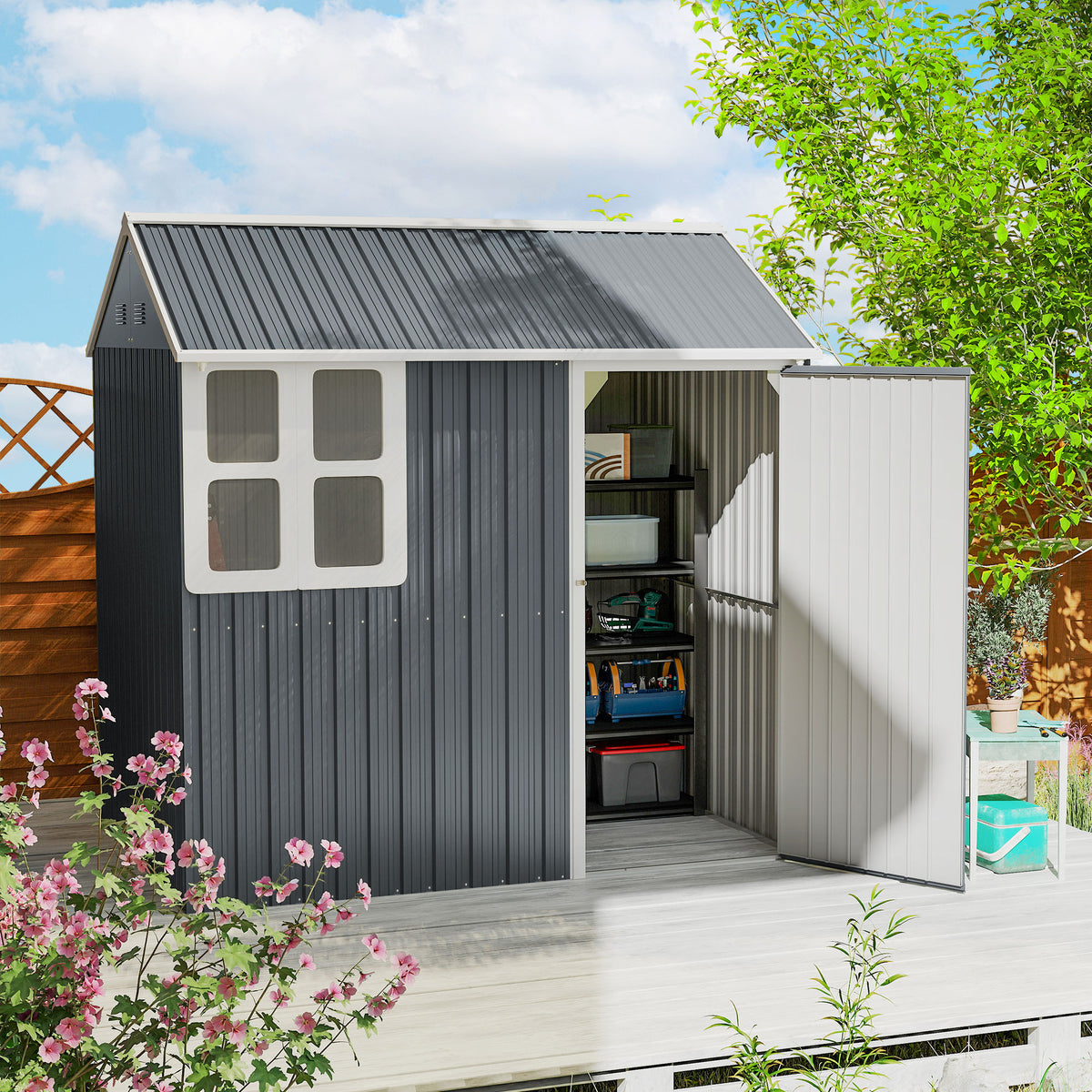7' x 5.5' Metal Garden Storage Shed, Outdoor Tool Storage House with Lockable Door, Vents, Sloped Roof