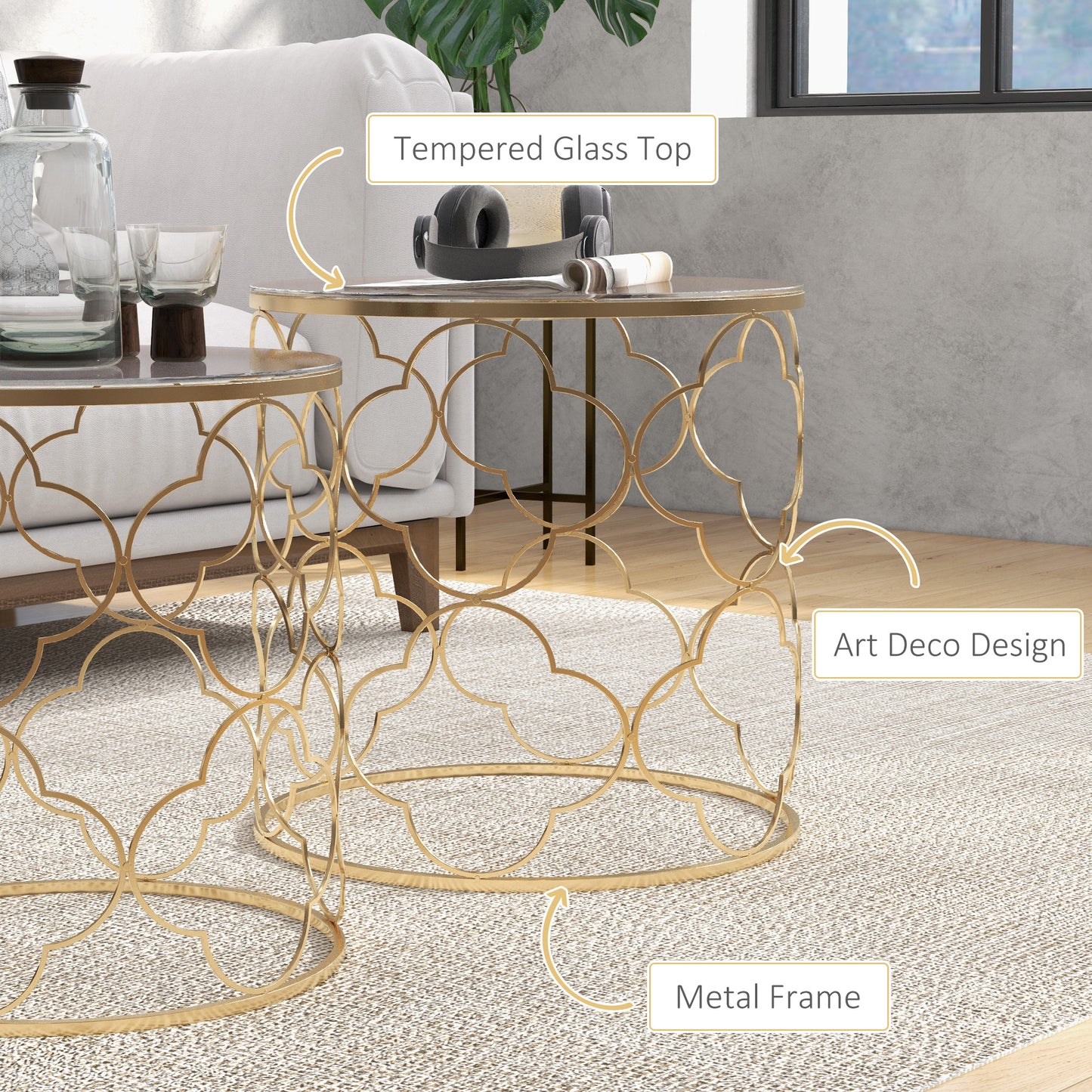 Elegant Gold Tempered Glass Nesting Coffee End Table Set (2 Pieces)