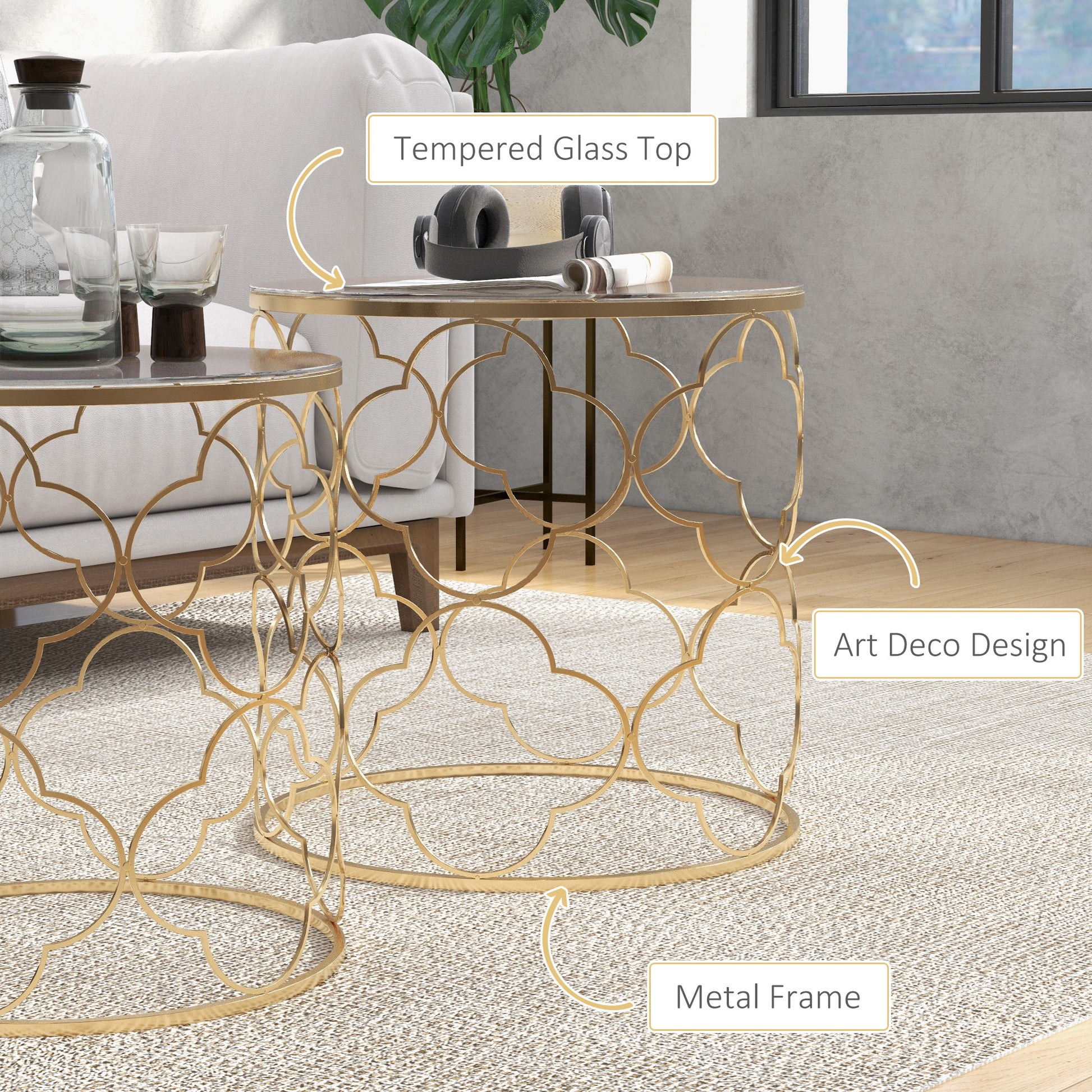 Elegant Gold Tempered Glass Nesting Coffee End Table Set (2 Pieces)