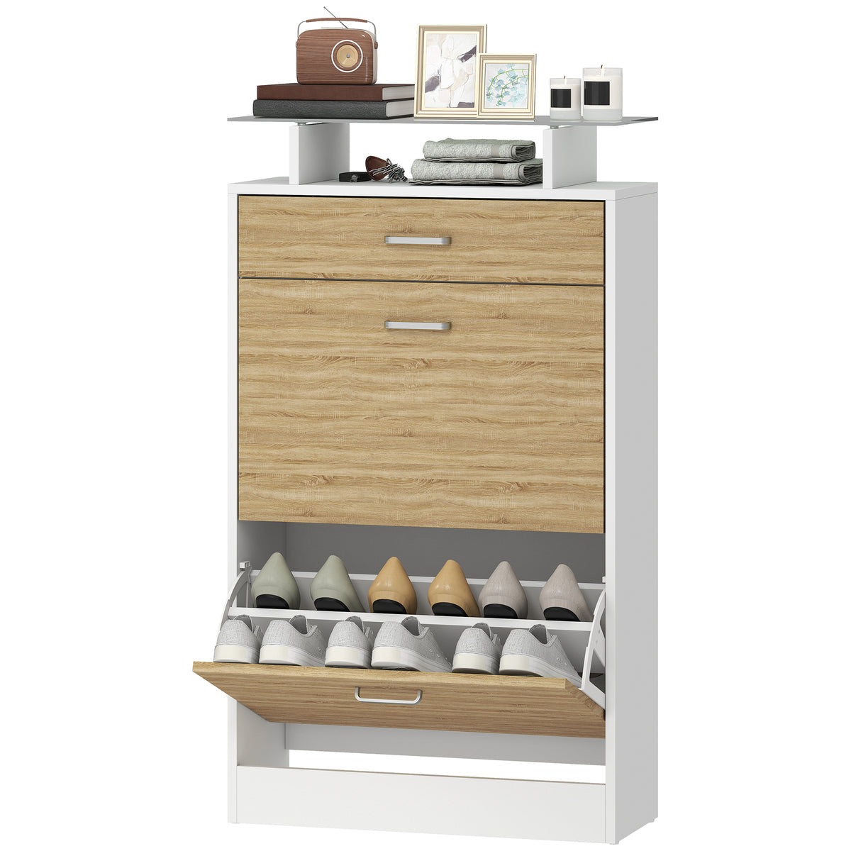 Slim Shoe Organizer Cabinet with 2 Flip Drawers – 24"W x 42"H