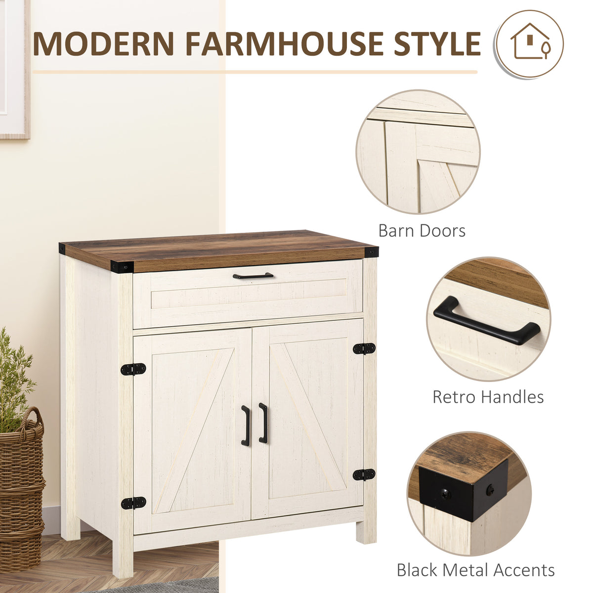 Sideboard Buffet Cabinet with 2 Rustic Barn Doors and Drawer – 30"W x 33"H