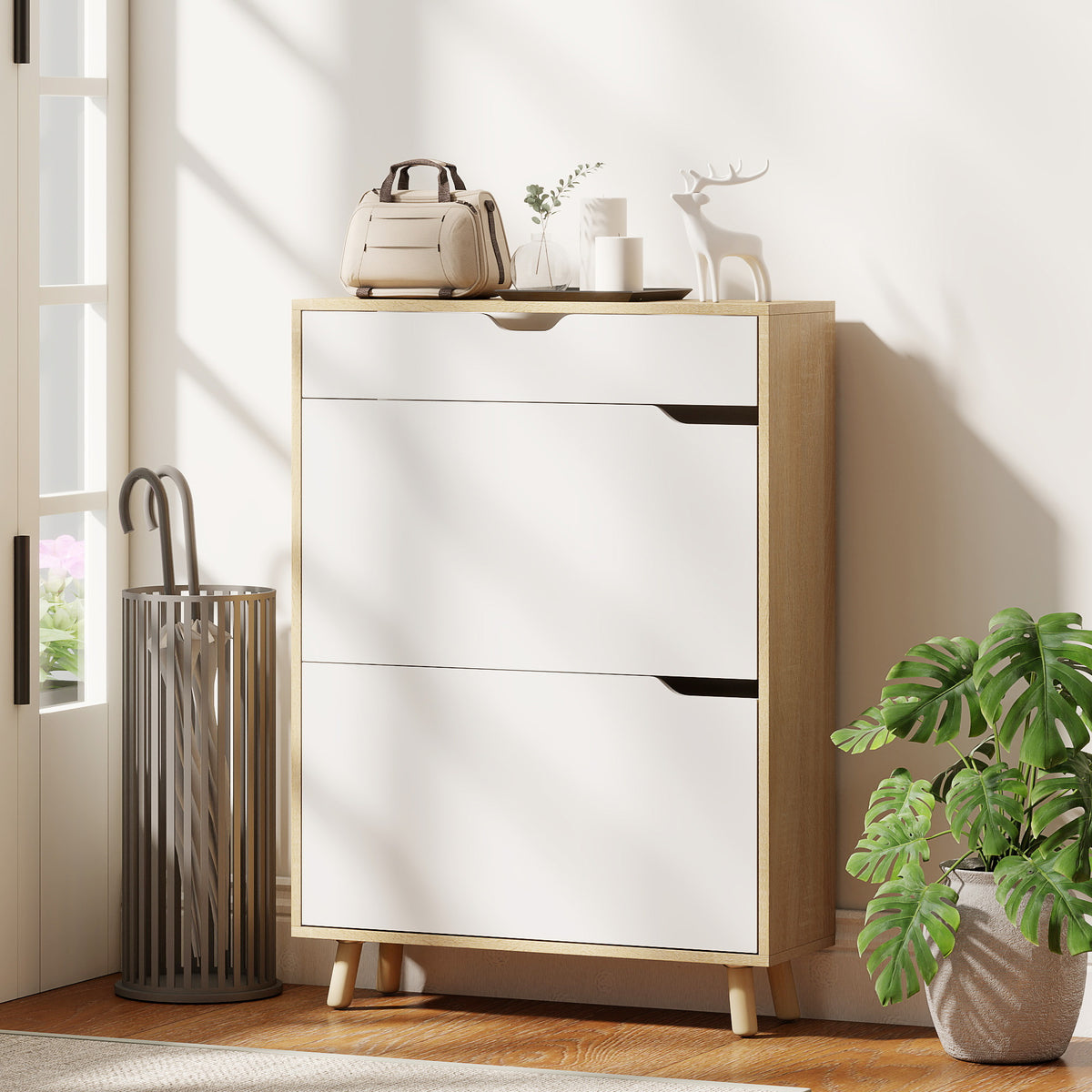 Narrow Shoe Cabinet for Entryway with 2 Flip Drawers – 28"W x 39"H