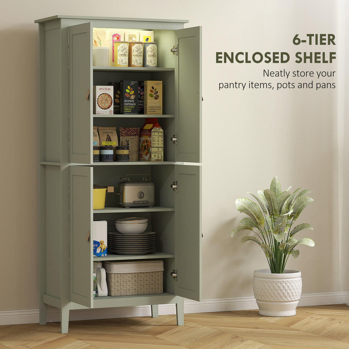 Tall Kitchen Pantry Storage Cabinet with Motion Sensor LED Light – 32"W x 70"H
