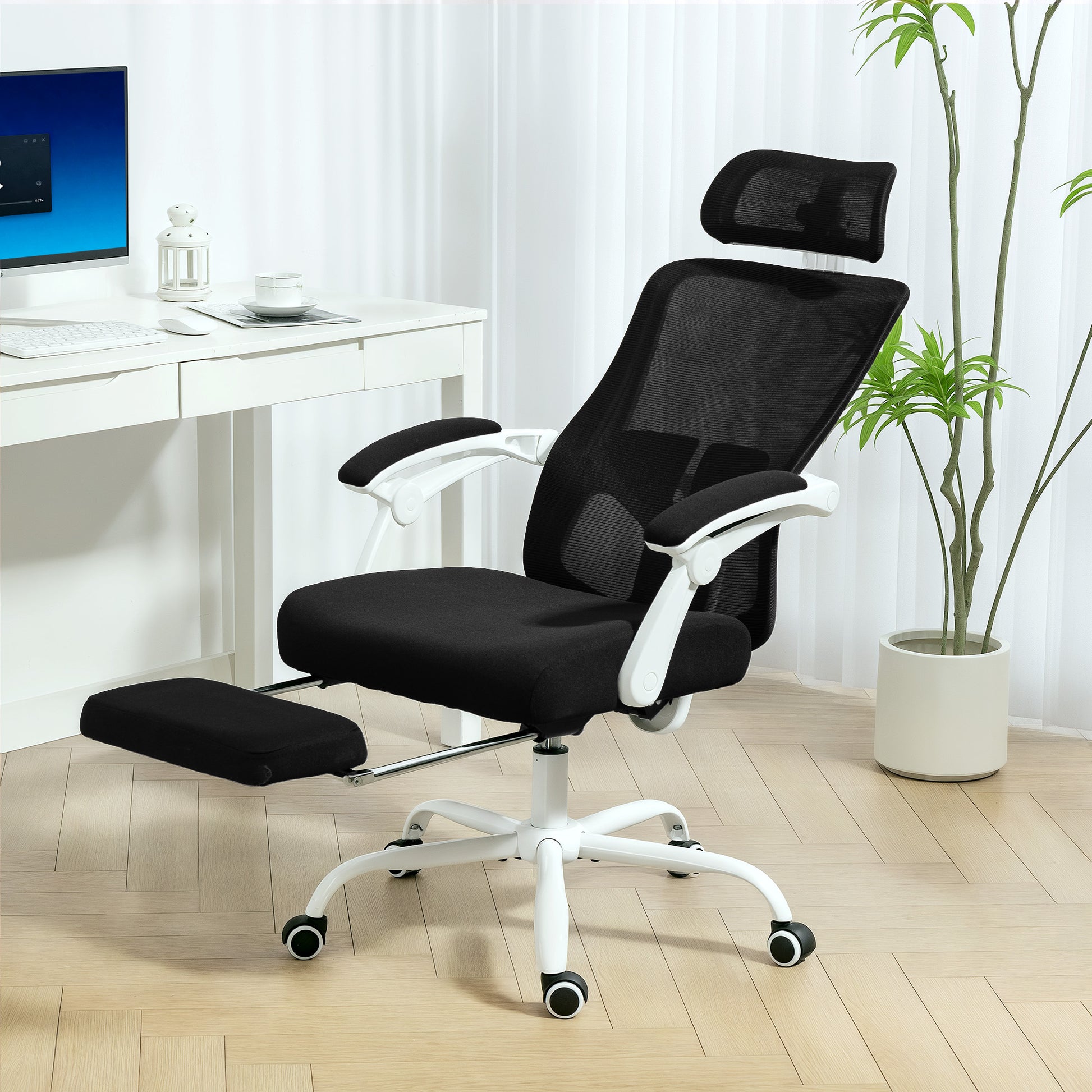 HOMCOM Ergonomic Mesh Reclining Office Chair with Adjustable Lumbar Support & Footrest, Black