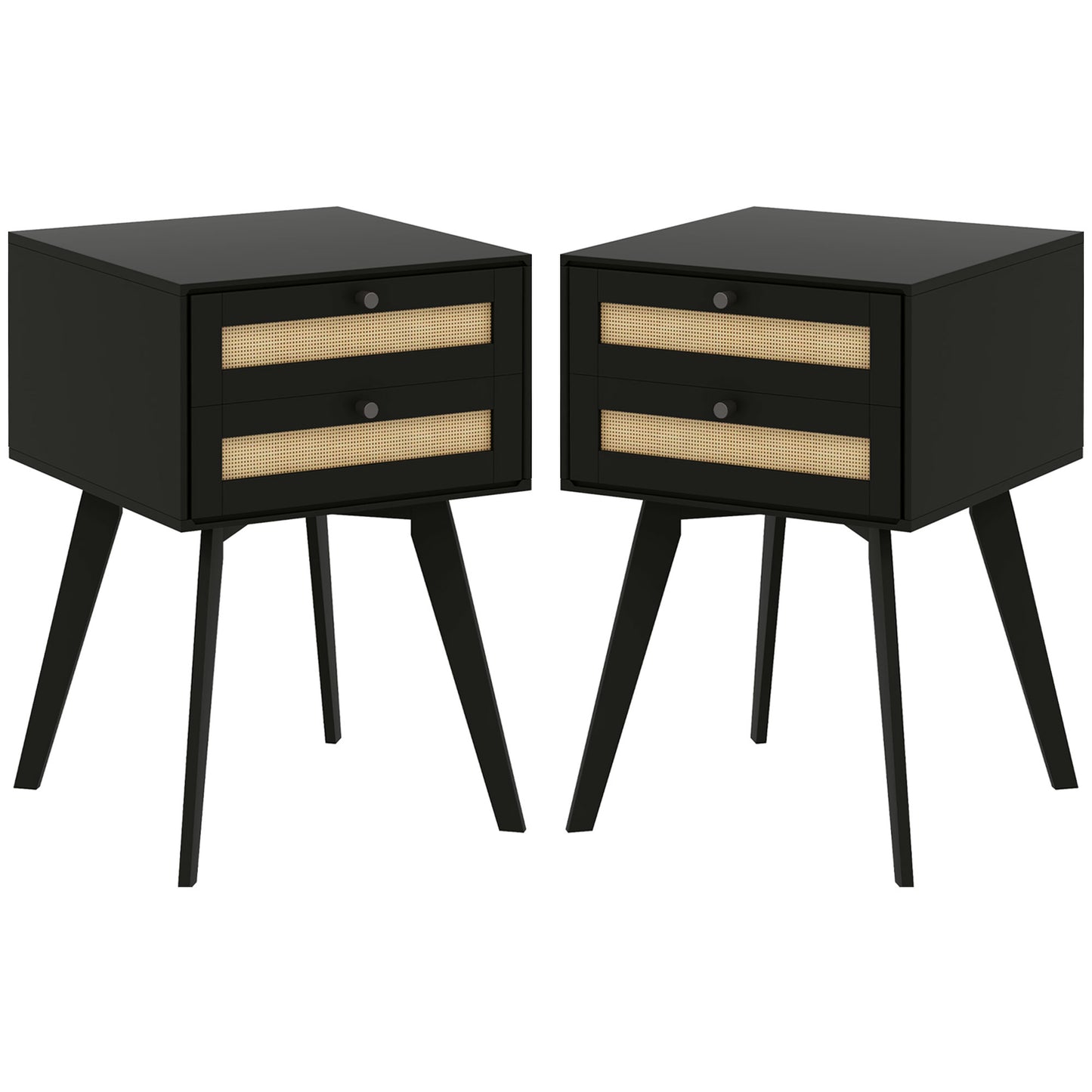 HOMCOM Boho Nightstands Set of 2 with Rattan Drawers, Square Bedside Tables