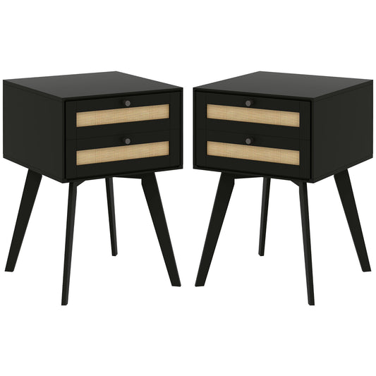HOMCOM Boho Nightstands Set of 2 with Rattan Drawers, Square Bedside Tables