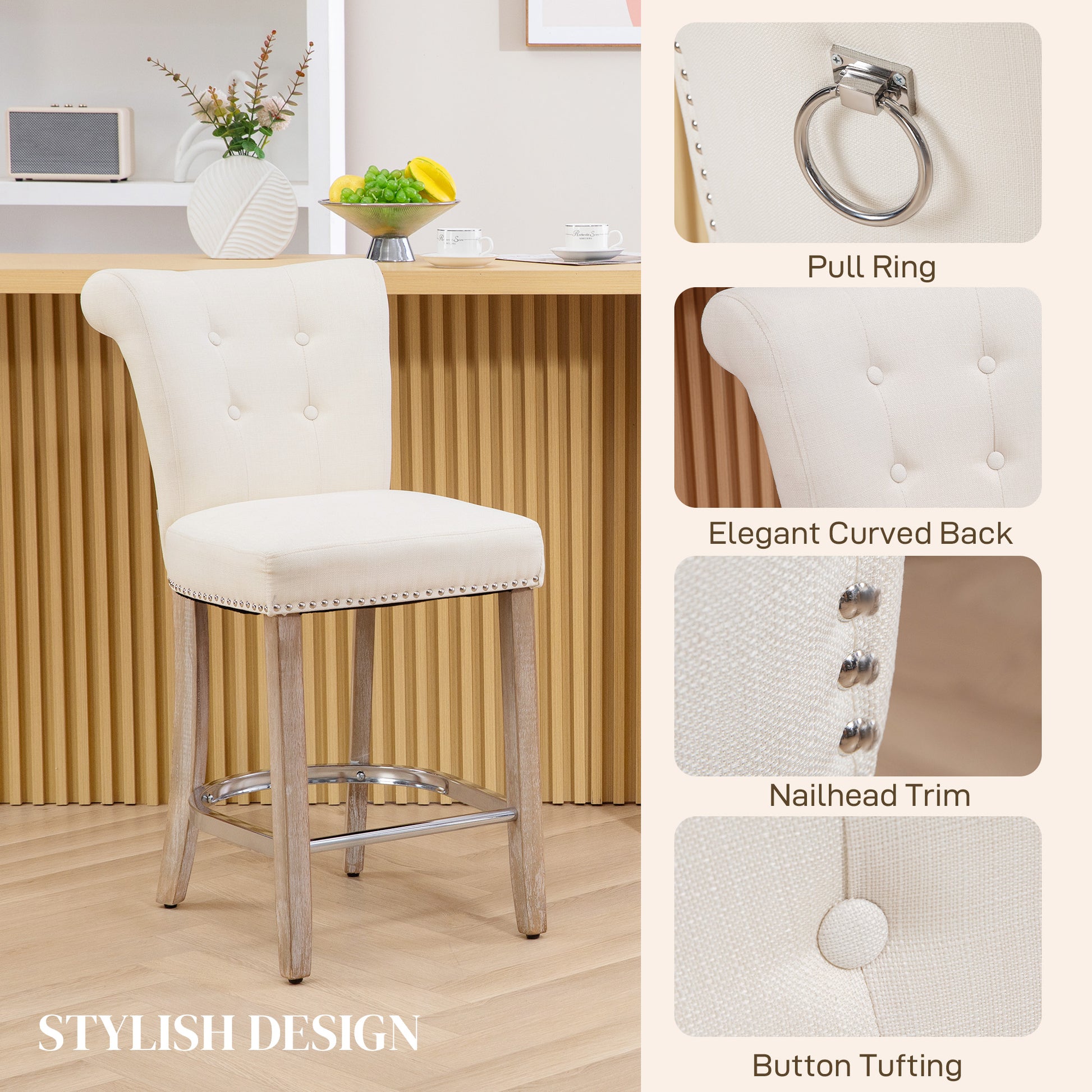 HOMCOM Set of Two Cream White Upholstered Counter Height Bar Stools