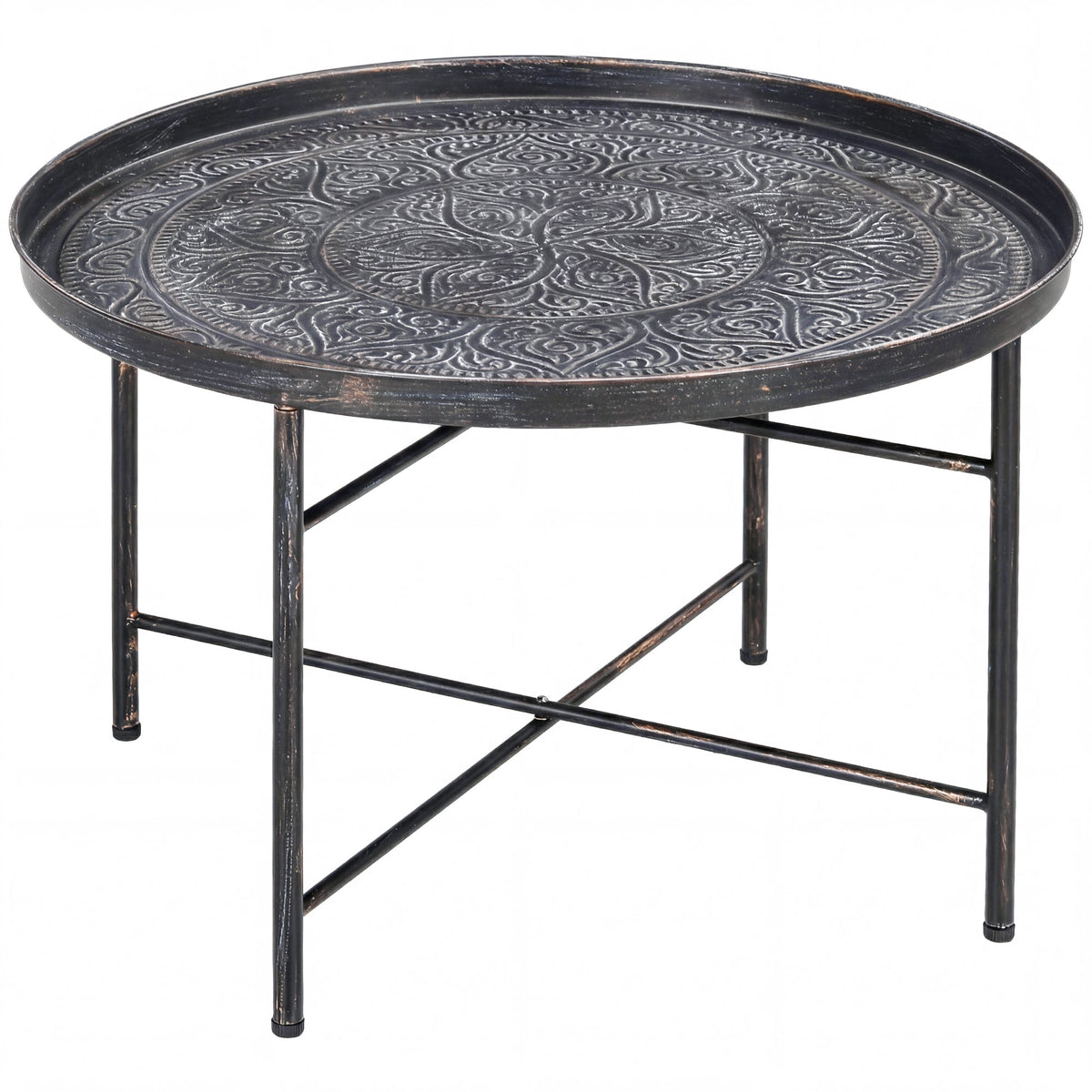 24" Round Vintage Coffee Table with Hammered Flower Tray Top, Pewter