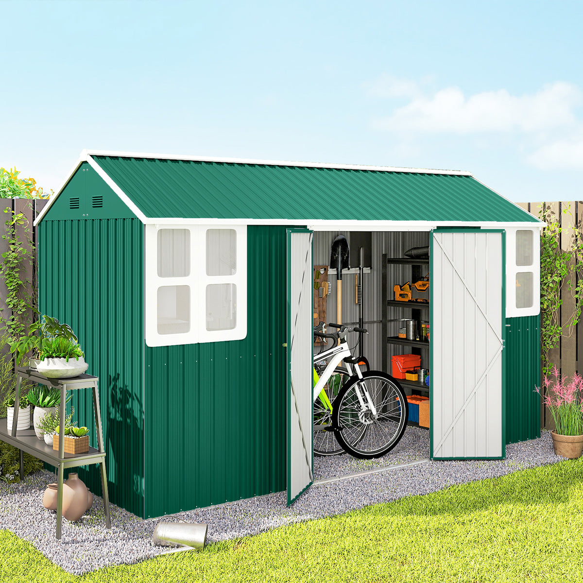 12' x 5.5' Metal Garden Storage Shed, Outdoor Tool Storage House with Lockable Door, Vents, Sloped Roof – Green