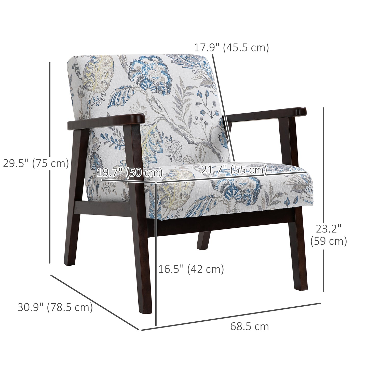 HOMCOM Mid-Century Modern Accent Lounge Chair, Floral Fabric Upholstered, Rubberwood Legs