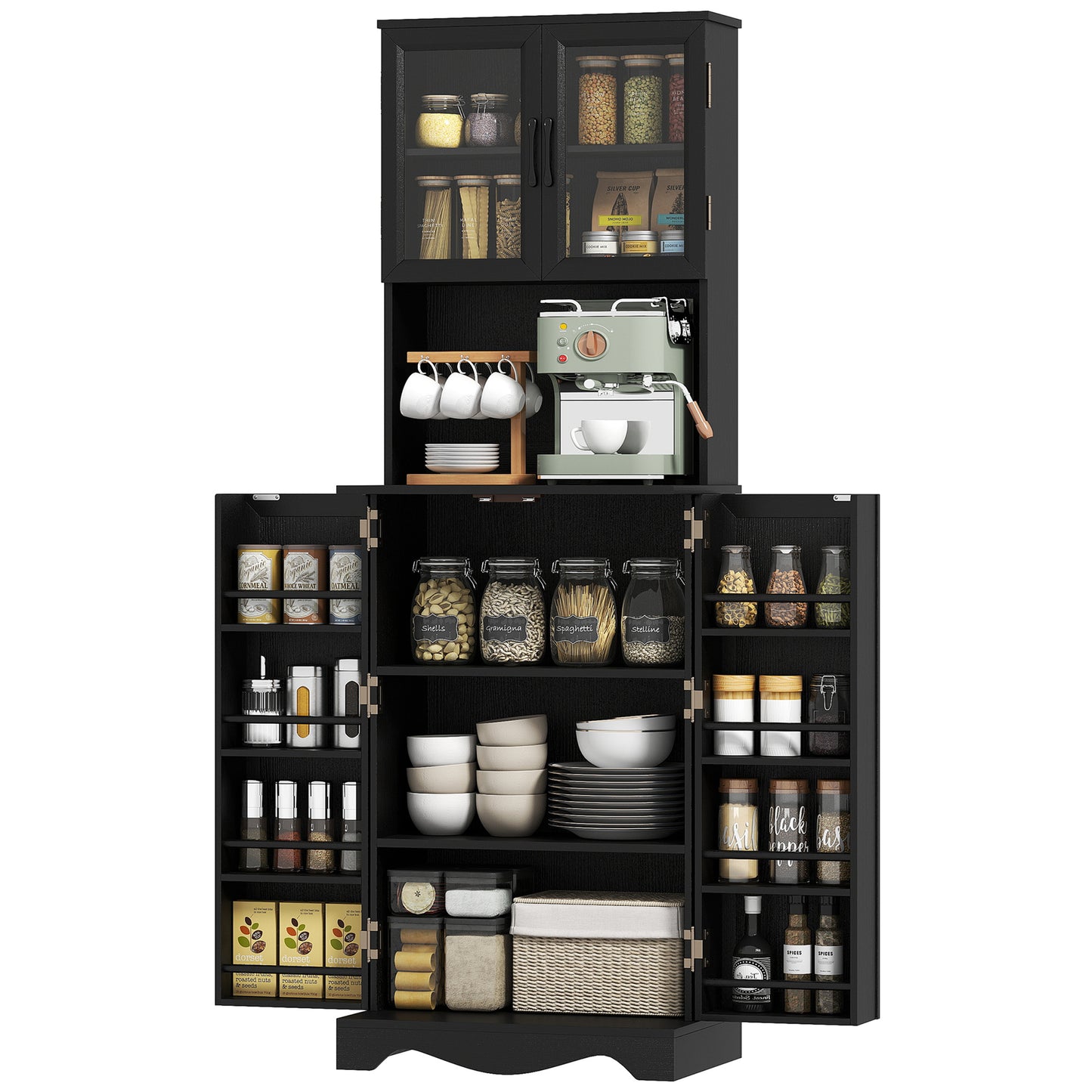 HOMCOM Kitchen Pantry Cabinet Freestanding With Acrylic Doors Black