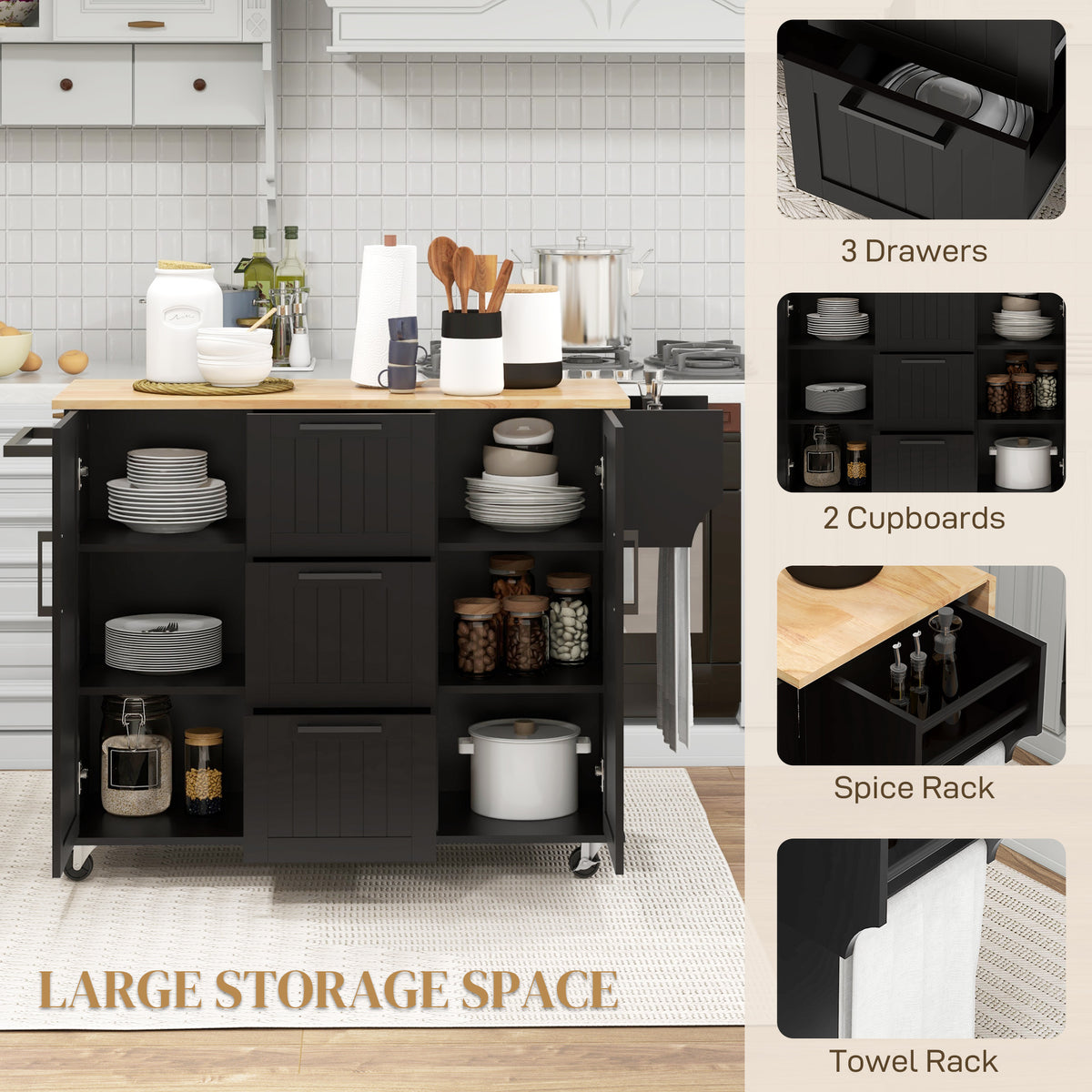 Rolling Kitchen Cart on Wheels with Drop Leaf – 52"W x 36"H