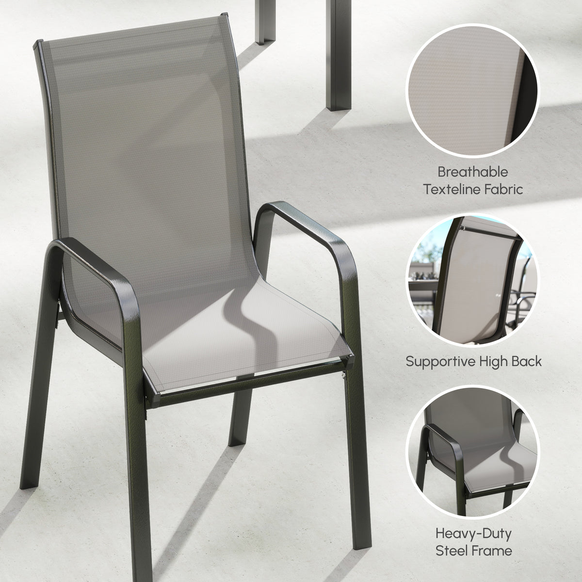Outdoor Dining Sets for 8 with Stackable Chairs, Patio Dining Set with Glass Top Table for Garden, Patio, Backyard – Dark Grey