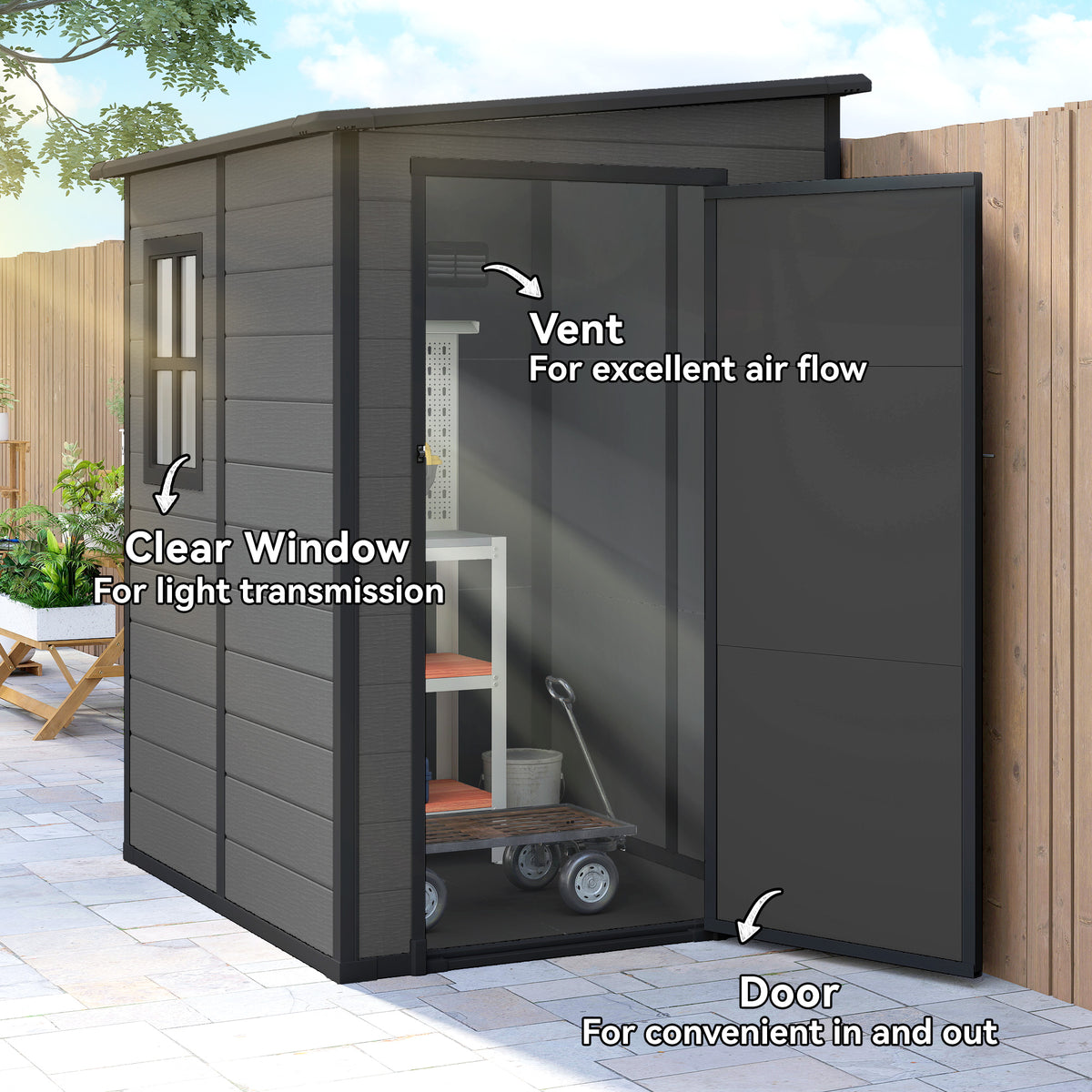 4'x5' Garden Storage Shed, Lean to Shed, Lockable Garden Tool Storage House with Window, Vent – Dark Grey
