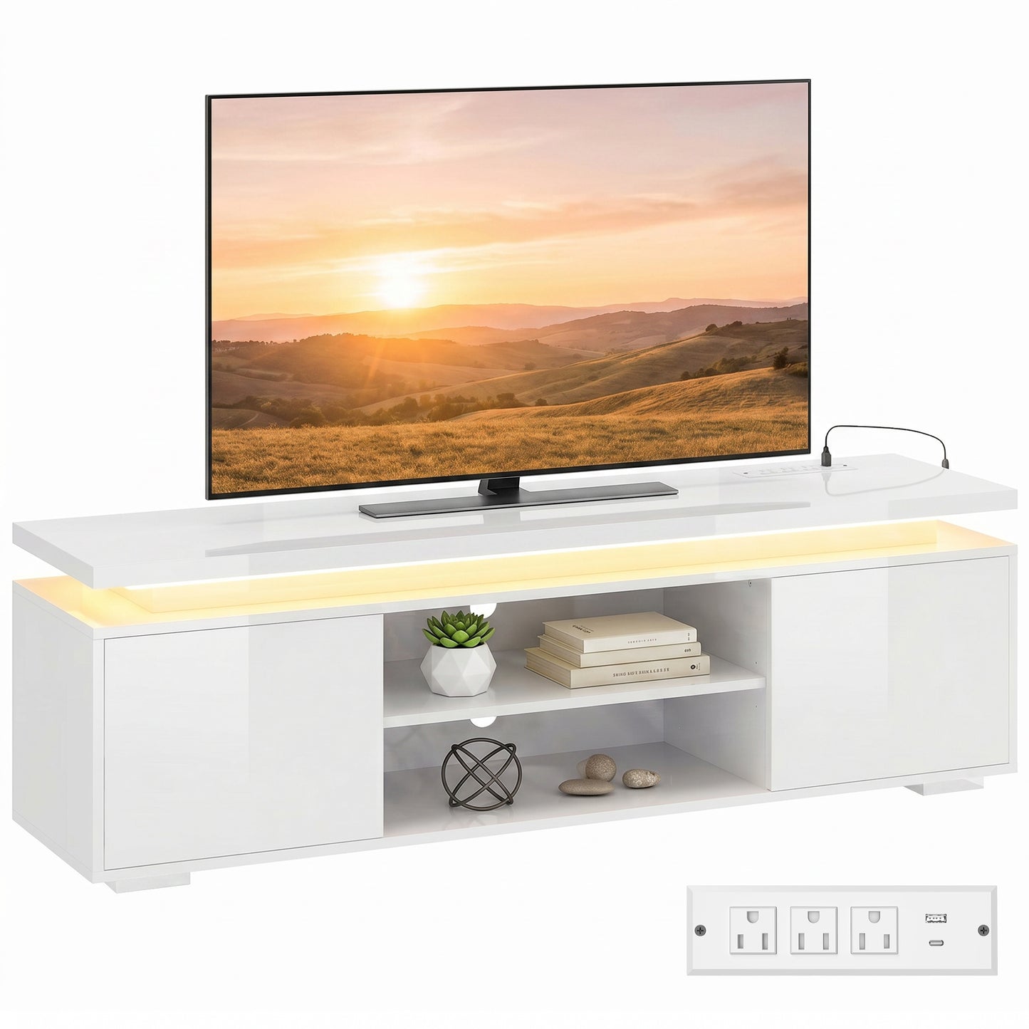 HOMCOM TV Stand with LED Lights, High Gloss White