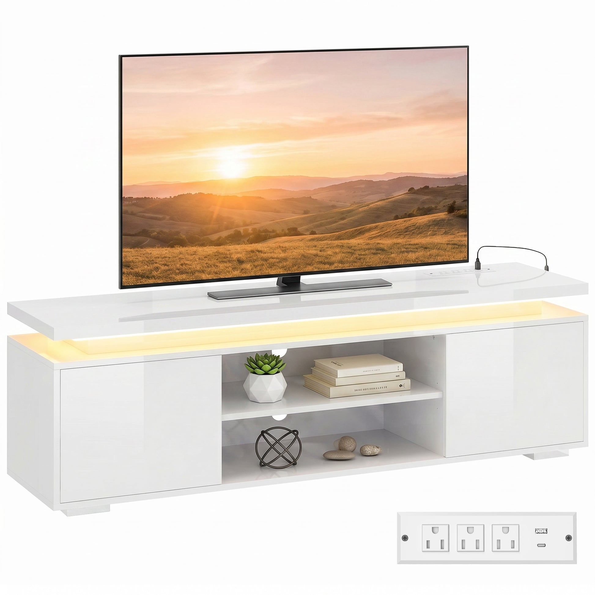 HOMCOM TV Stand with LED Lights, High Gloss White