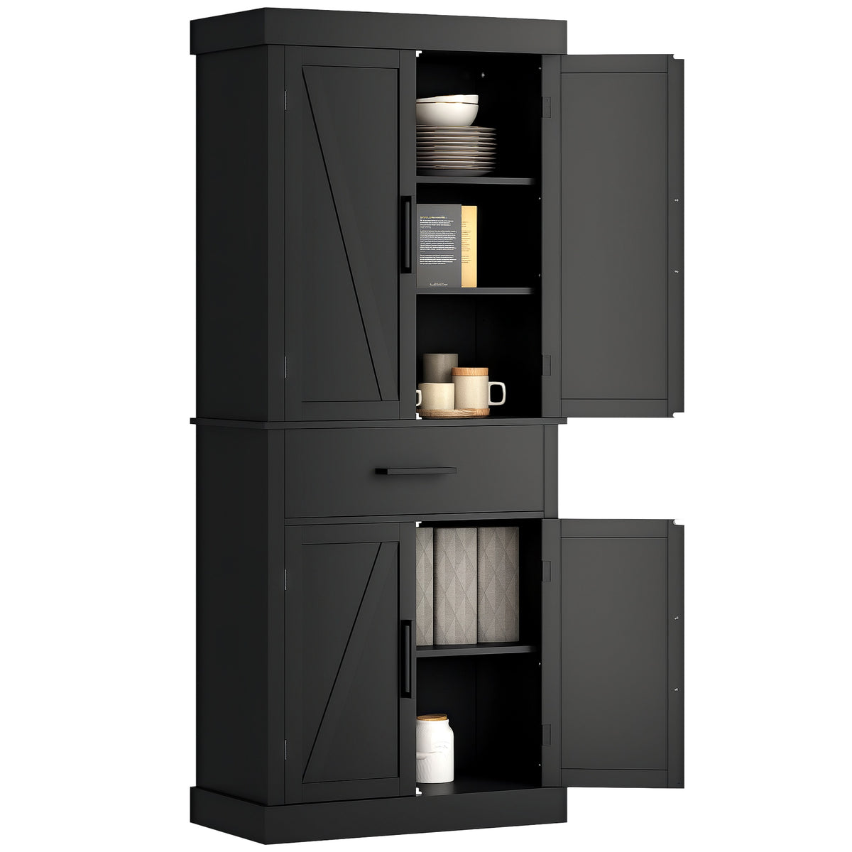 Farmhouse Kitchen Pantry Cabinet with 4 Barn Doors – 30"W x 72"H
