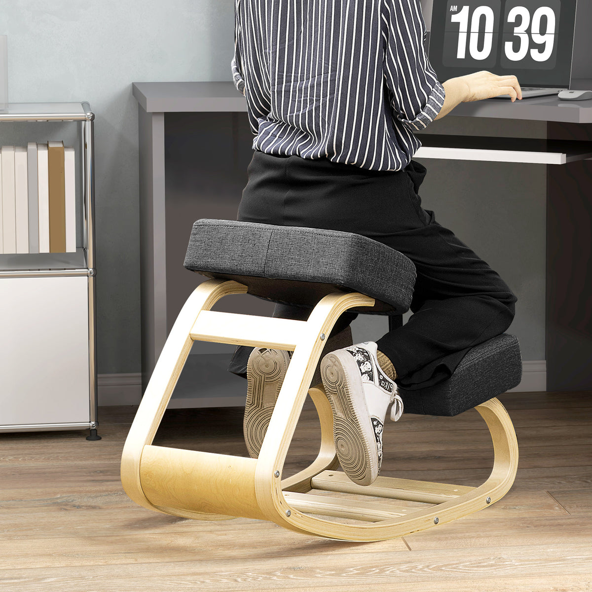 Ergonomic Kneeling Chair, Wood Kneel Stool with Thick Pads, Desk Knee Chair, Black