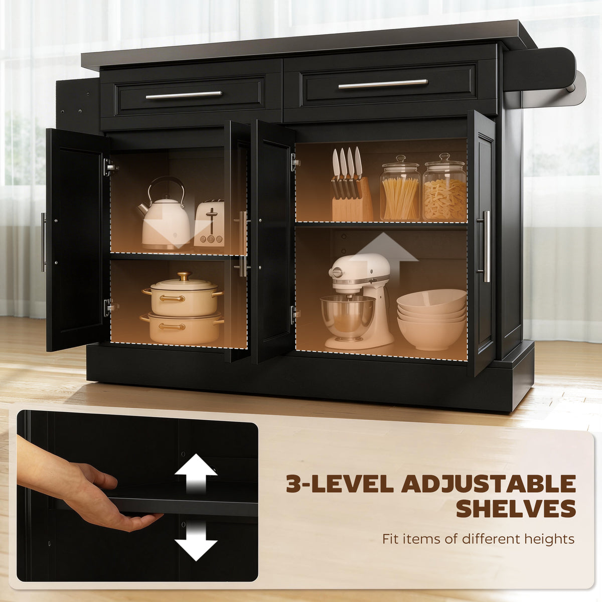 Rolling Kitchen Island with Stainless Steel Top – 57"W x 37"H