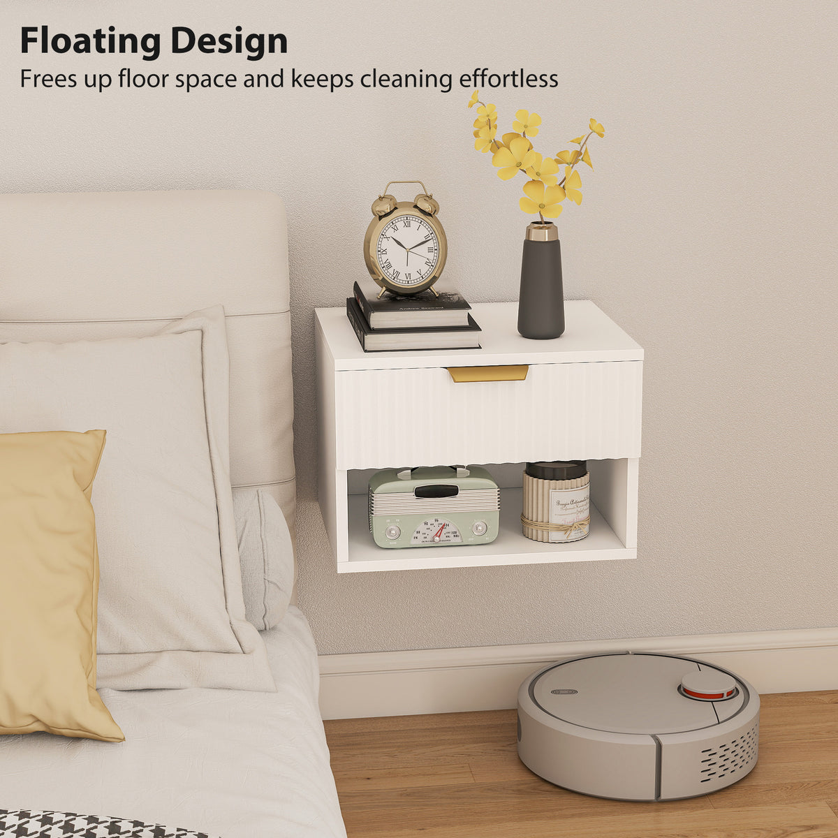 Floating Nightstands with Drawer and Open Shelf, Set of 2 – 16"W x 11"H