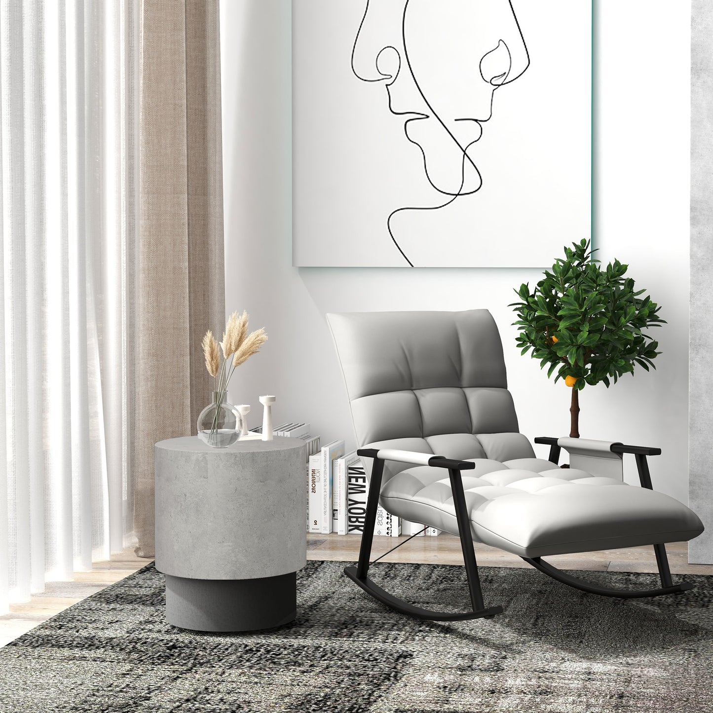 HOMCOM Round Concrete Finish Accent Side Table with Adjustable Feet - Indoor/Outdoor