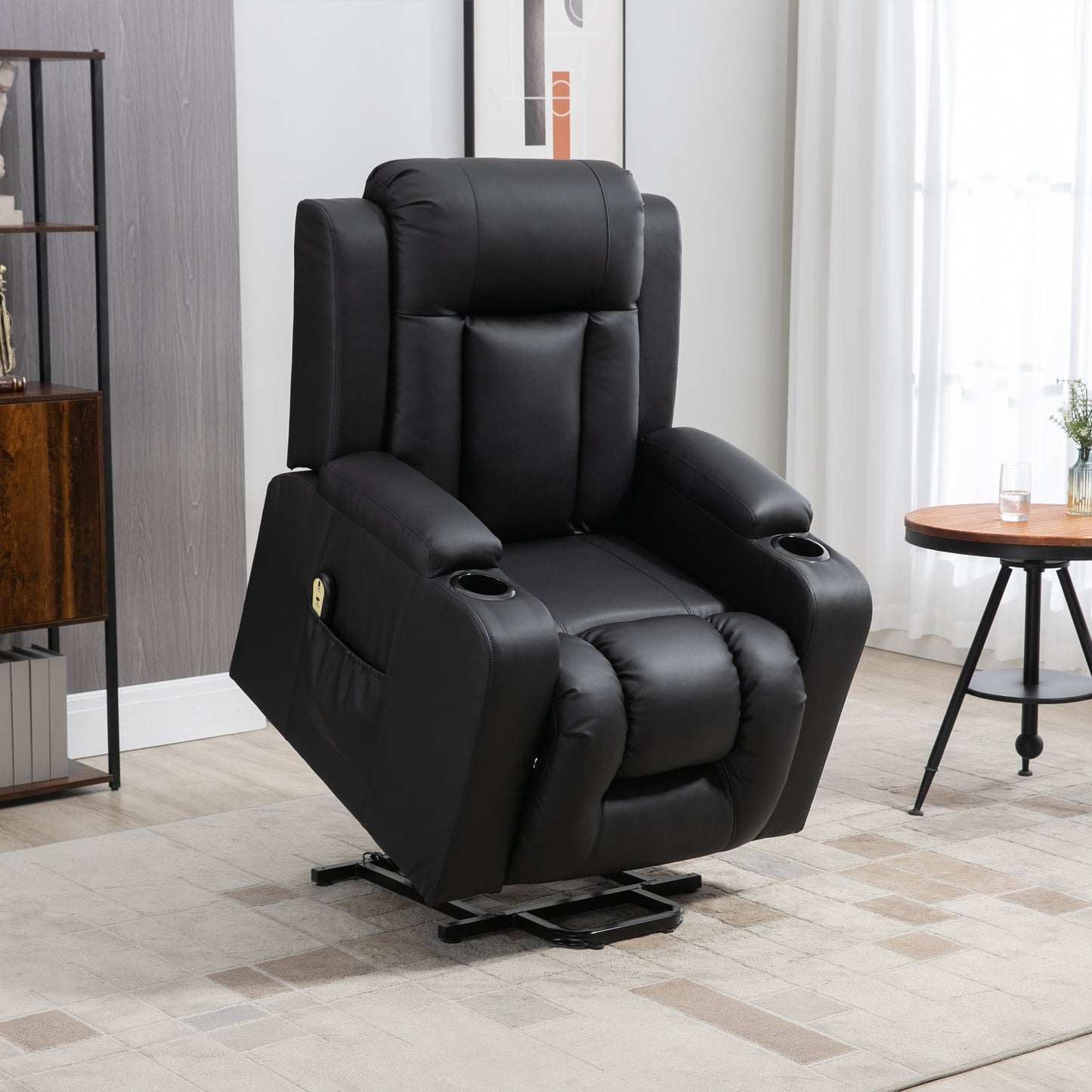 HOMCOM Electric Power Lift Recliner Chair, Black PU Leather, Footrest, Cup Holders