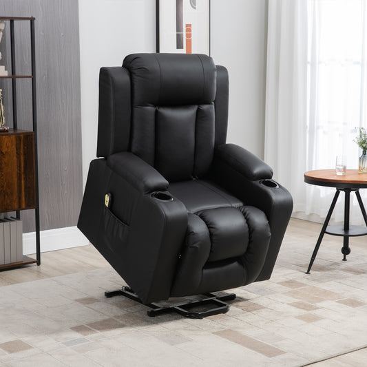HOMCOM Electric Power Lift Recliner Chair, Black PU Leather, Footrest, Cup Holders