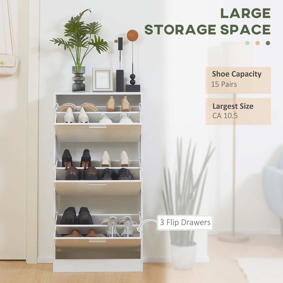 Slim Shoe Storage with 3 Flip Drawers and Adjustable Shelves – 23"W x 46"H