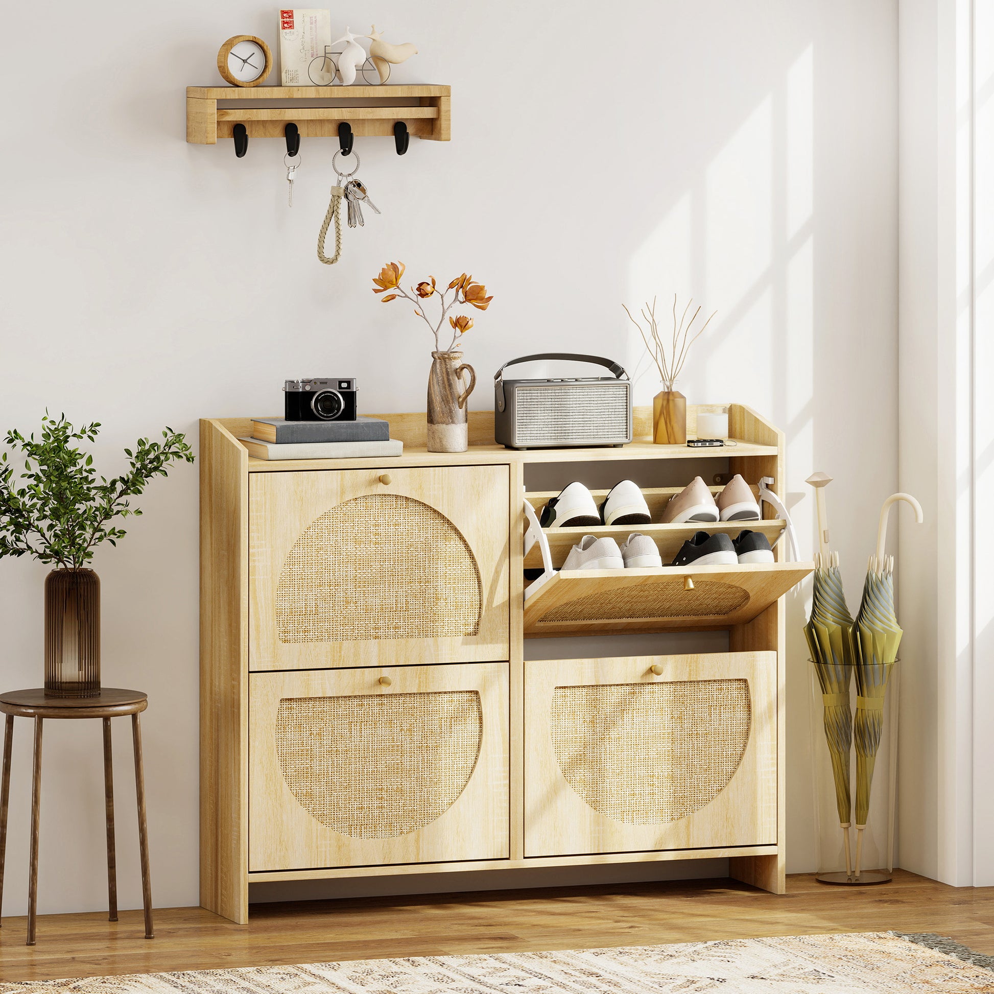 HOMCOM Natural Rattan 4-Flip Drawer Shoe Cabinet, Adjustable Shelves, Stores 16 Pairs