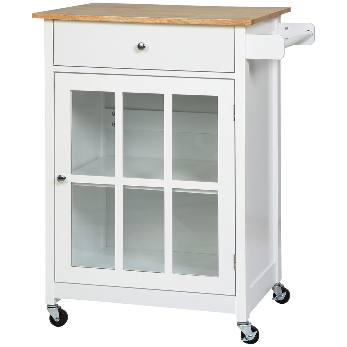Rolling Kitchen Cart with Drawer and Glass Door Cabinet – 27"W x 34"H