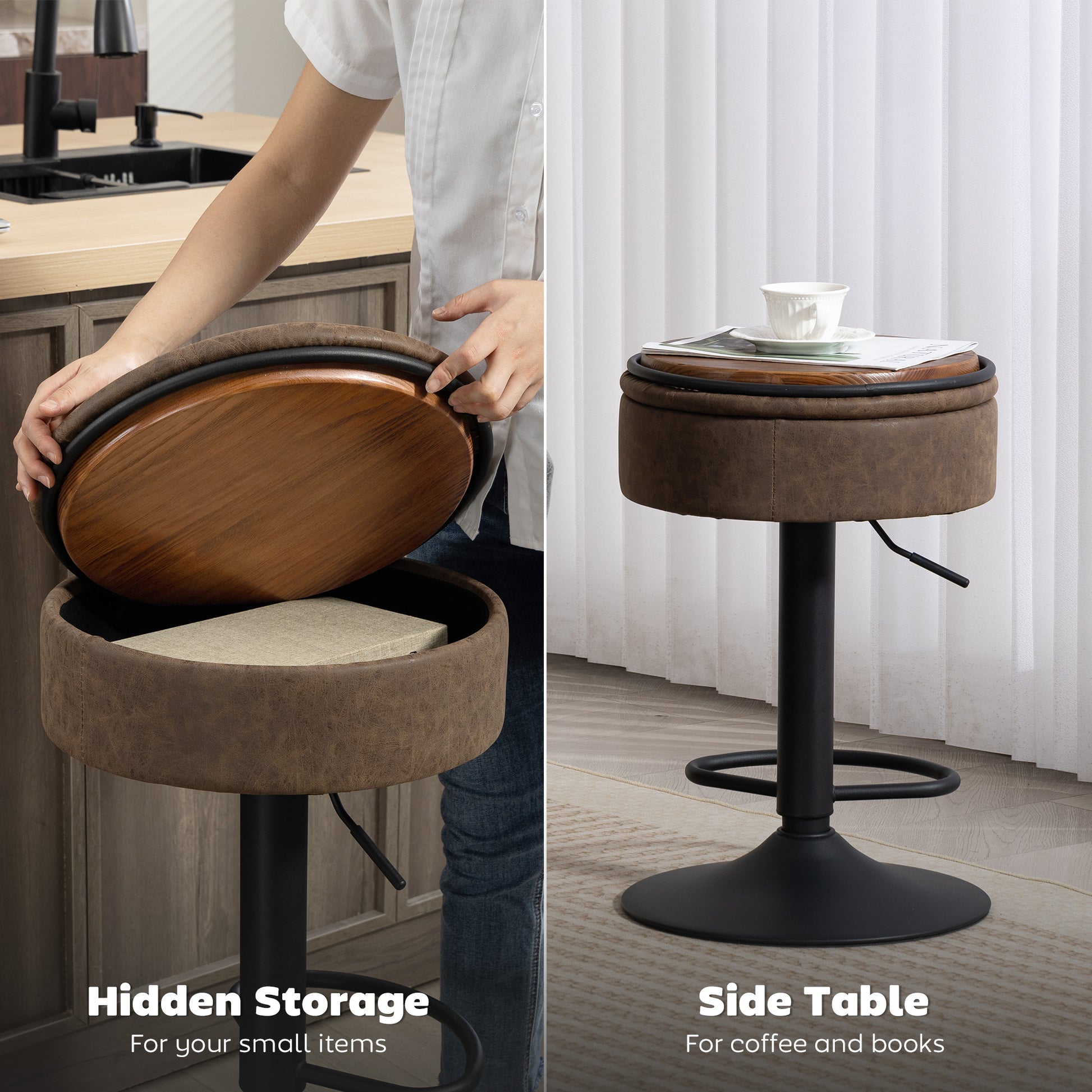 HOMCOM Set of 2 Barstools Swivel Storage Brown