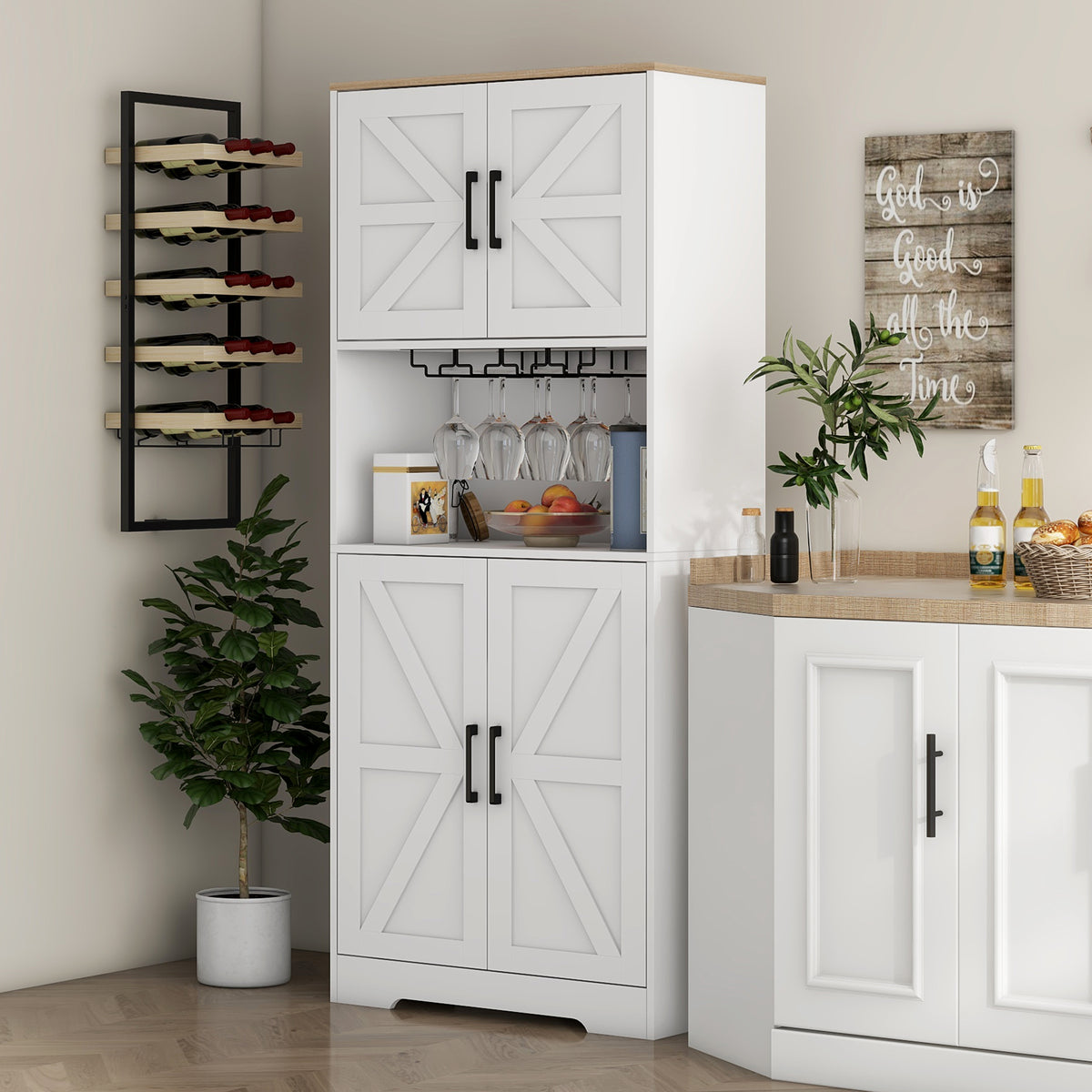 Freestanding Hutch Storage Cabinet with Microwave Oven Countertop – 28"W x 68"H