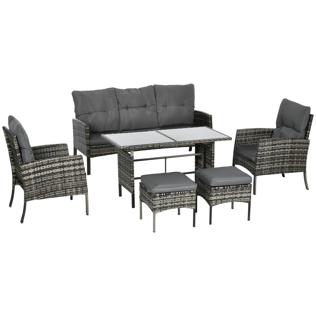 6 Piece Patio Furniture Set with Patio Chairs, Ottomans, Sofa, Glass Top Table and Cushions, Wicker Rattan Outdoor Furniture Set for Backyard, Porch