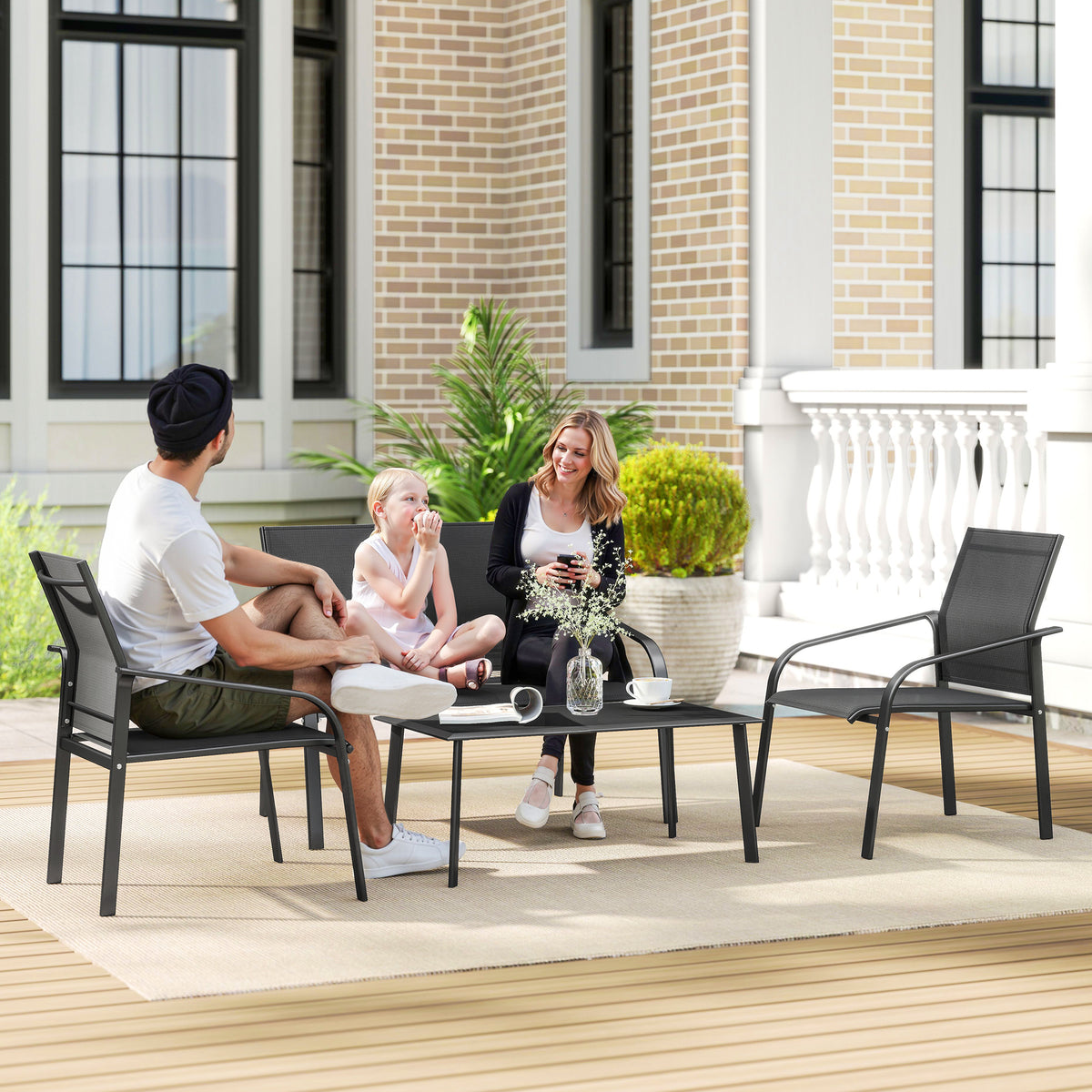4 Piece Patio Furniture Set, Outdoor Conversation Set with Deep Seat, Loveseats, Armchairs, Glass-Top Table
