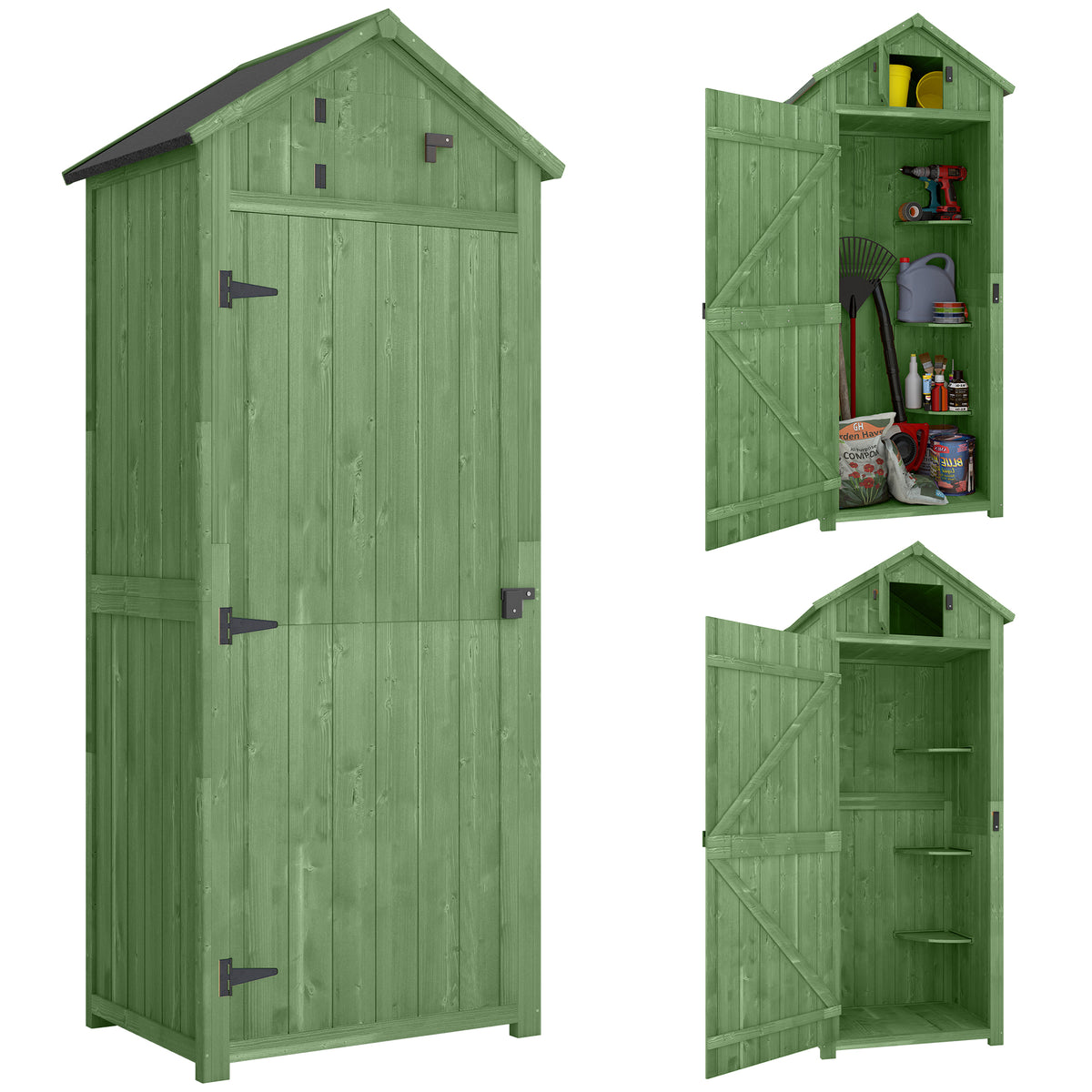 30" x 21" x 71" Garden Storage Shed, Outdoor Tool Utility Storage House with 3 Tier Shelves and Roof – Green