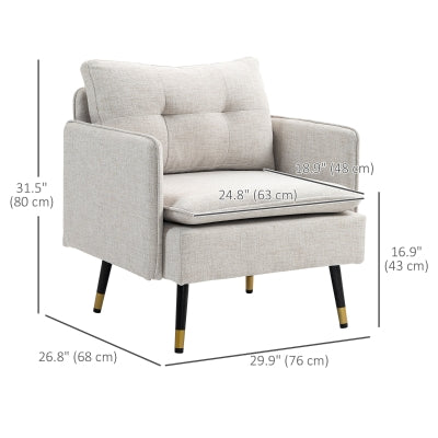 Modern Upholstered Accent Armchair with Tufted Back, Steel Legs, Cream White