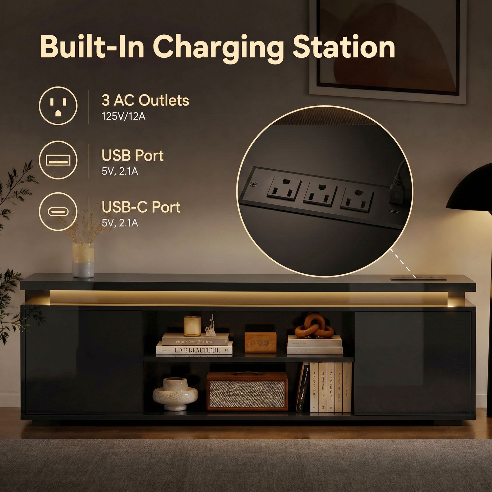 HOMCOM TV Stand LED Lights, Power Outlets, High Gloss Black