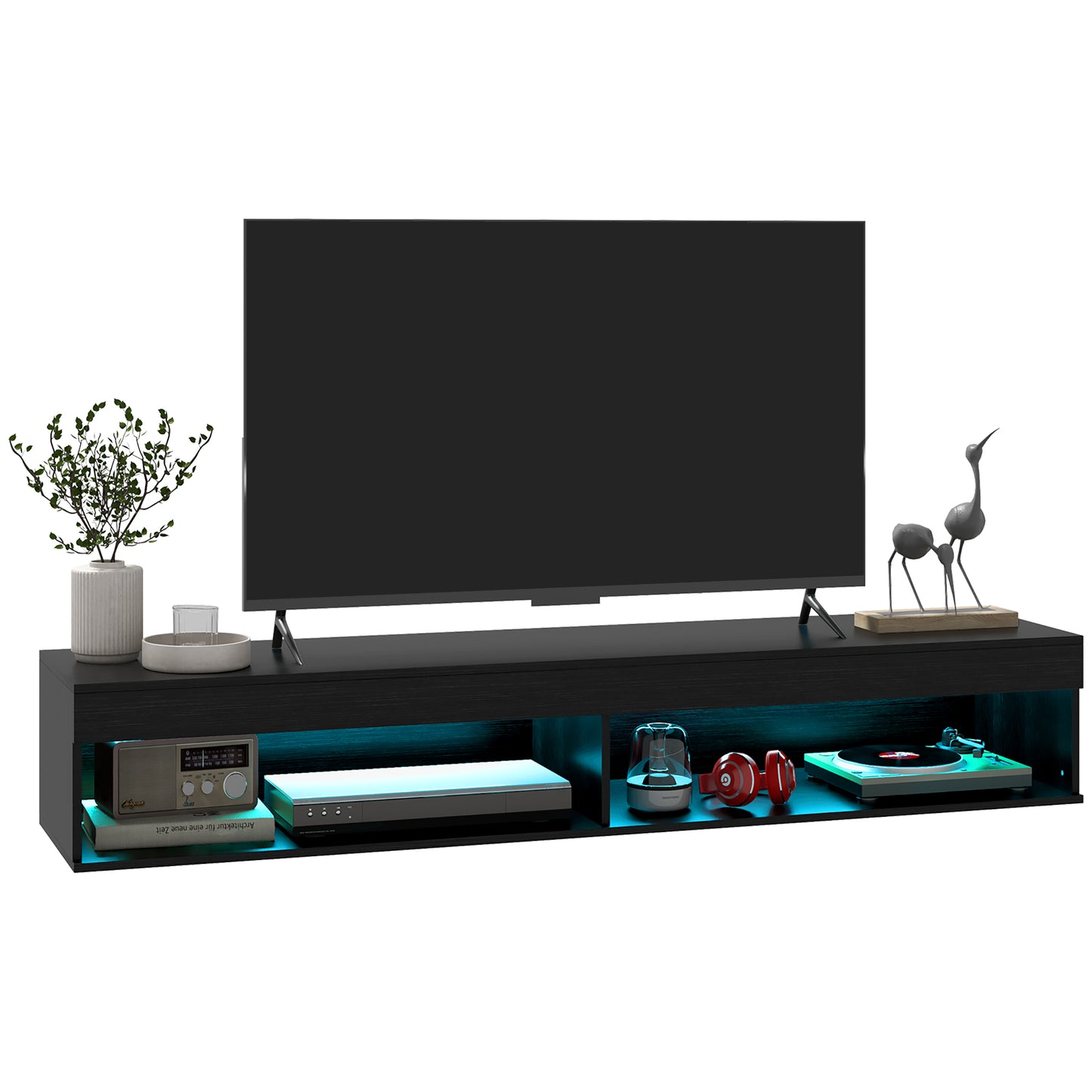 HOMCOM Modern Floating Wall Mounted TV Stand with LED Lights, Storage, Black
