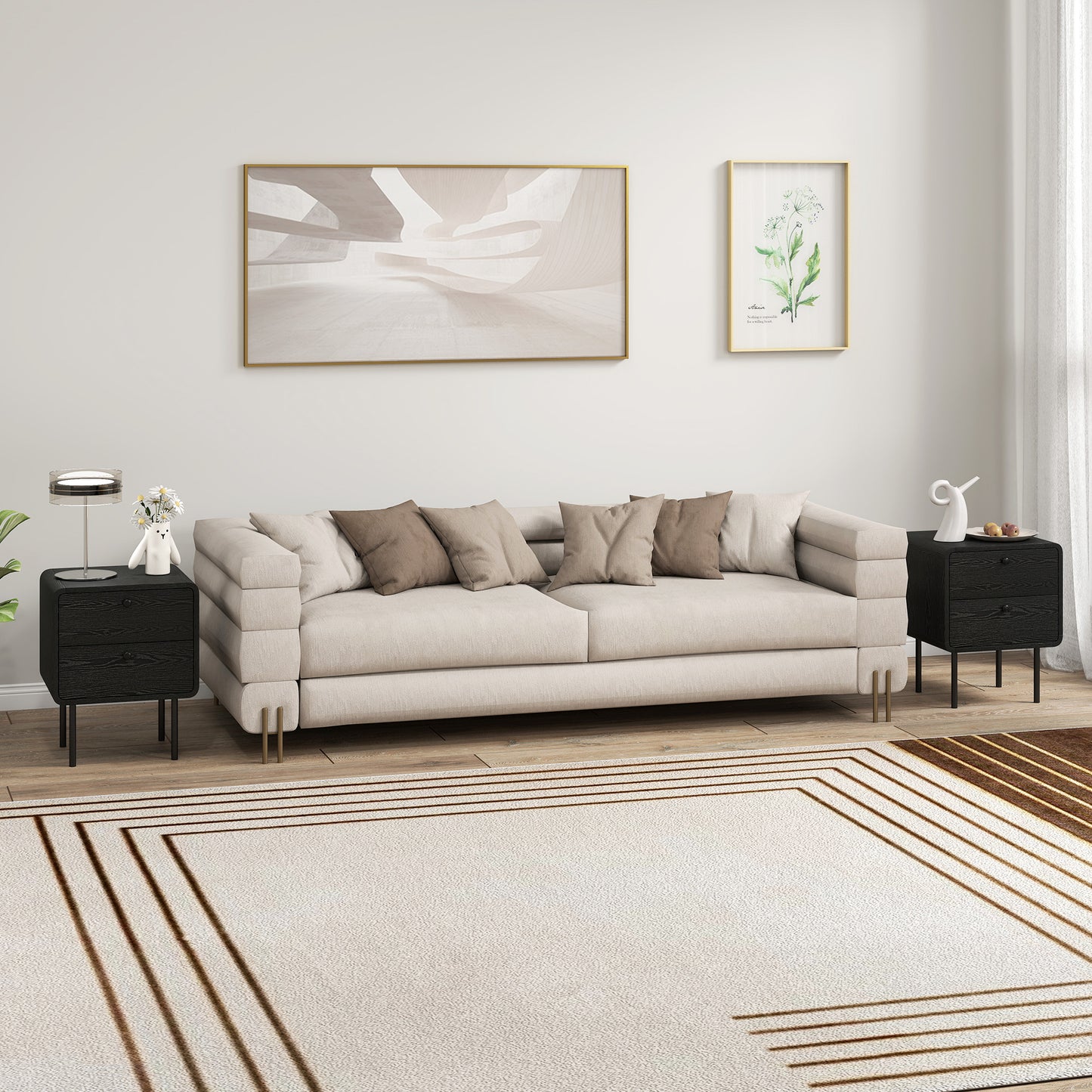 Modern Black Wood Grain Nightstands Set of Two, Dual Storage Drawers