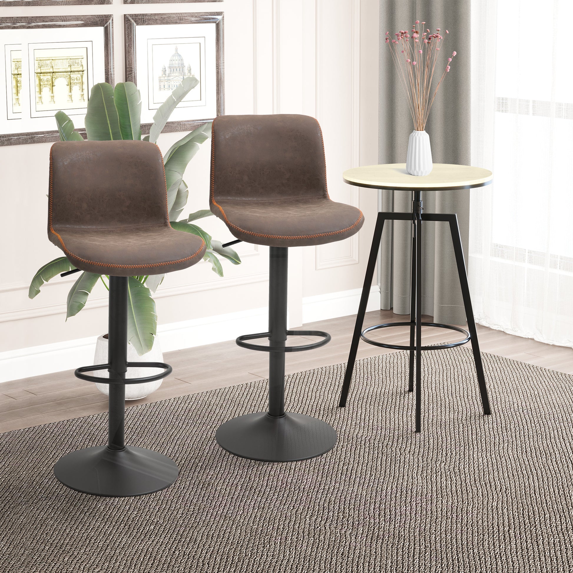 HOMCOM 2-Piece Swivel Brown PU Leather Adjustable Counter Height Bar Stools