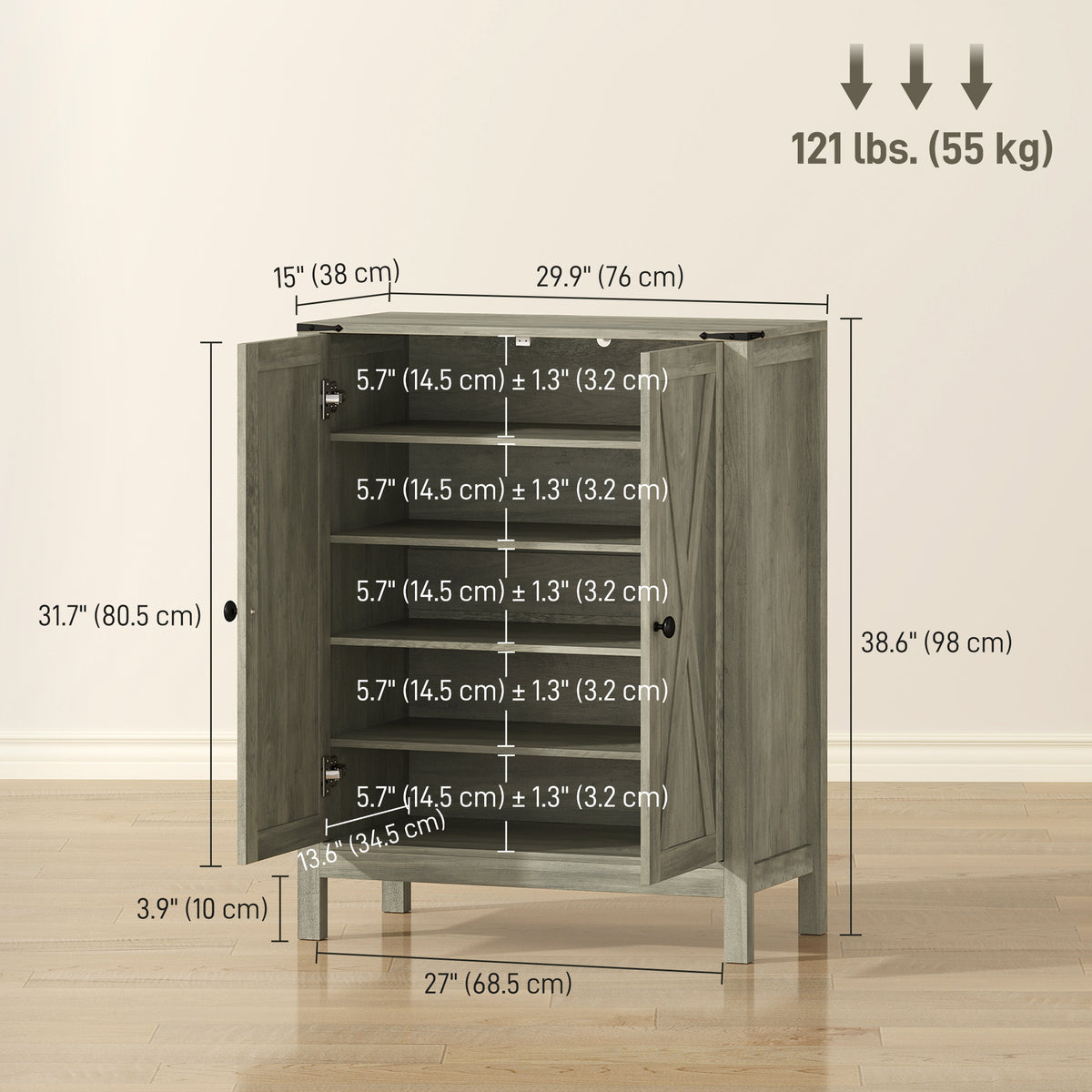 Shoe Cabinet with Barn Doors – 30"W x 39"H