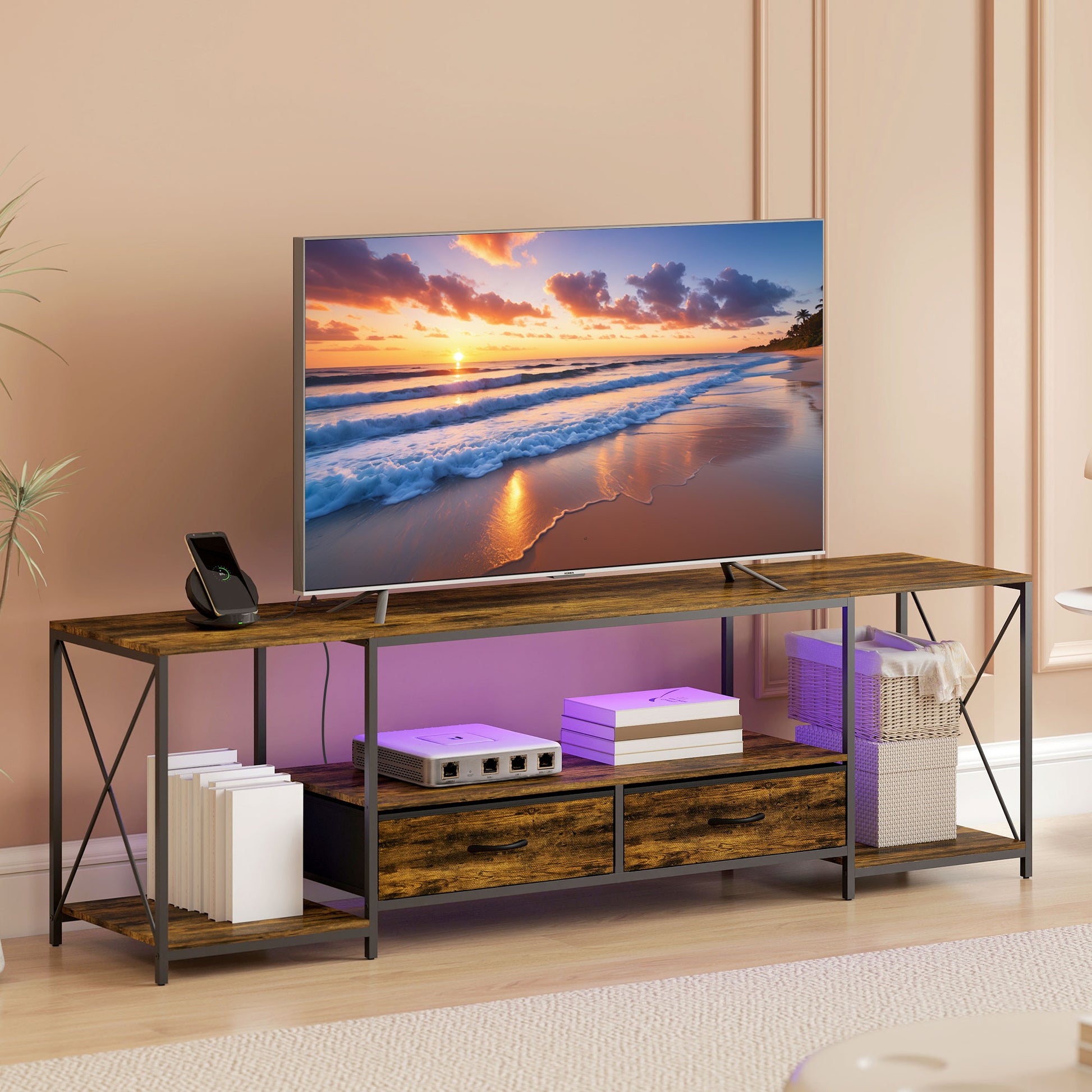 HOMCOM Industrial TV Stand with RGB LED Lights Rustic Brown
