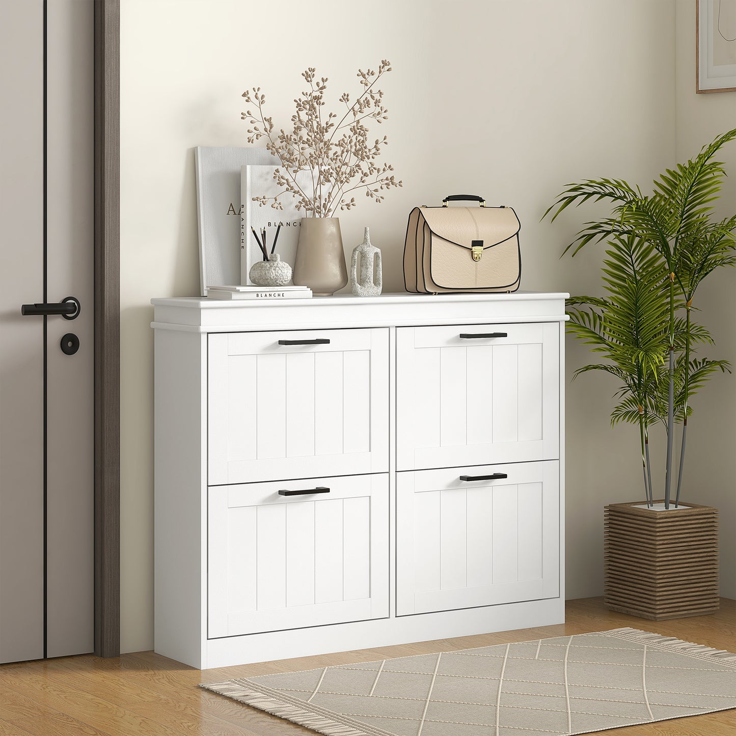 HOMCOM White Narrow Shoe Cabinet with 4 Flip Drawers and Adjustable Shelves