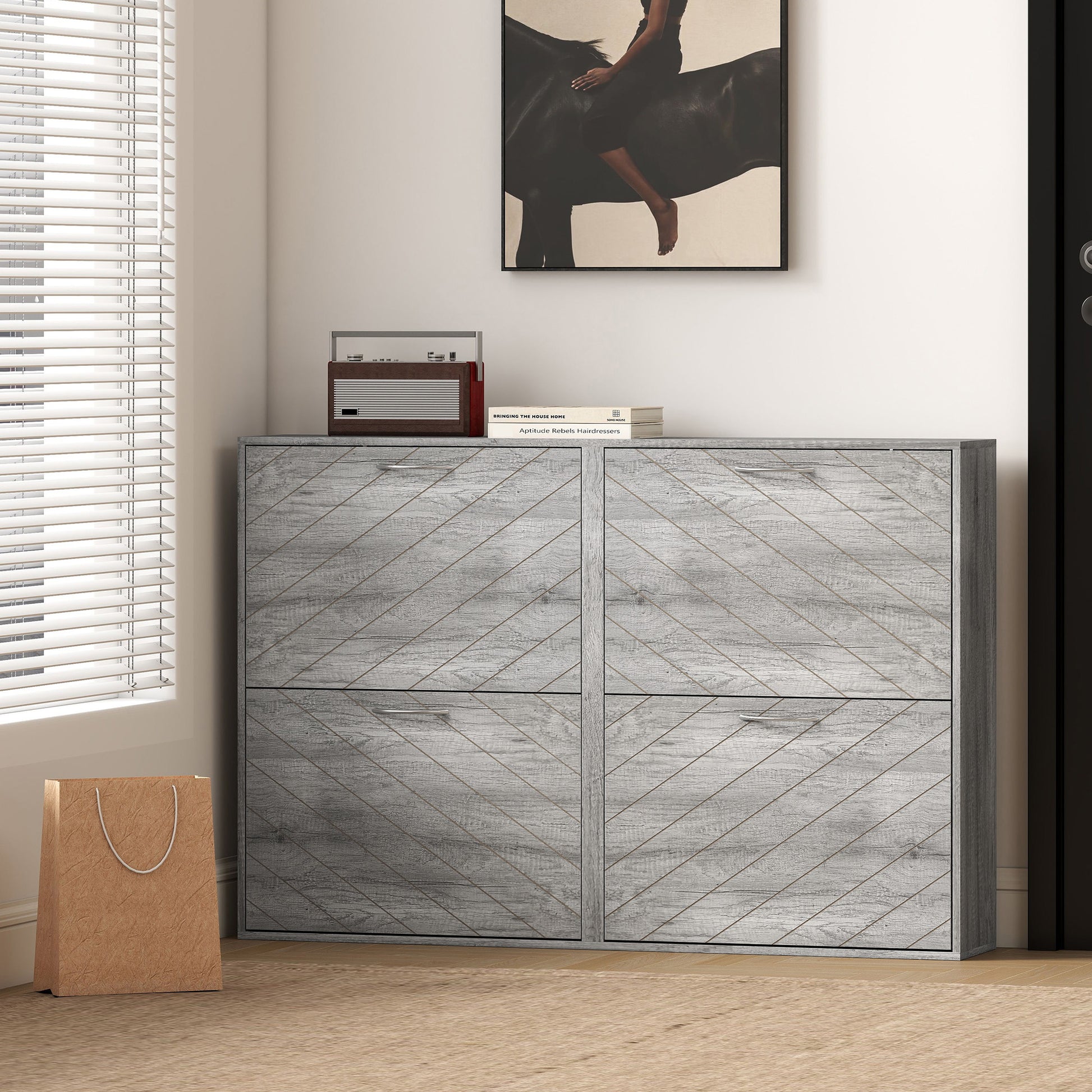 HOMCOM Slim Grey 4-Drawer Flip Shoe Cabinet 12 Pair Entryway Organizer