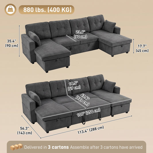 113" U-Shaped Pull-Out Sleeper Sectional with Dual Storage Chaises