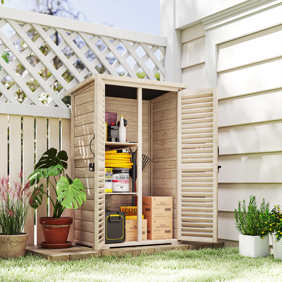 30" x 20" x 47" Wooden Garden Shed, Outdoor Storage Shed with Waterproof Asphalt Roof, Shelves