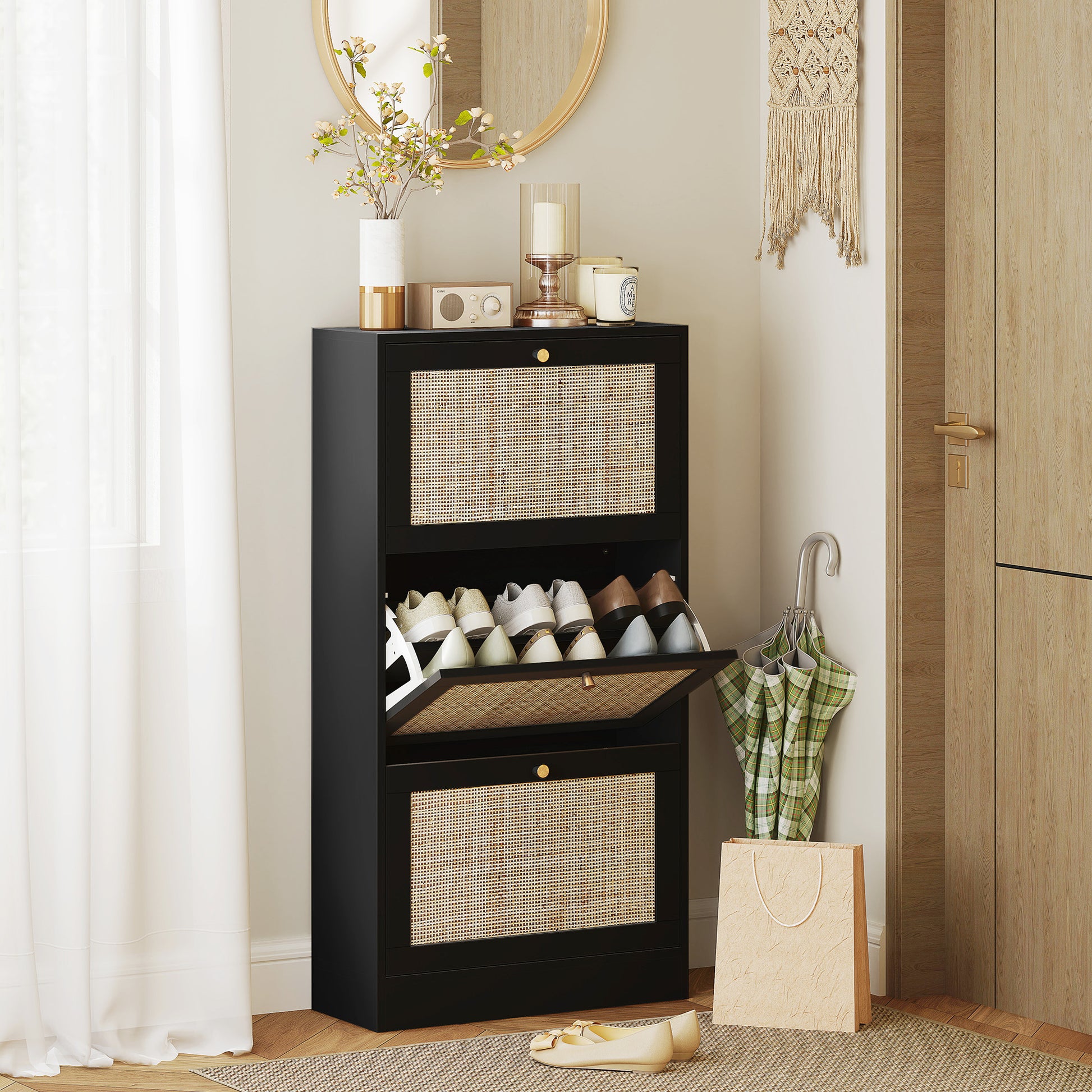 Elegant Rattan Entryway Shoe Cabinet with 3 Flip-Down Drawers, Adjustable Shelves, Organizes 18 Pairs