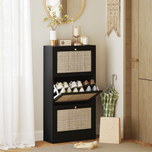 Elegant Rattan Entryway Shoe Cabinet with 3 Flip-Down Drawers, Adjustable Shelves, Organizes 18 Pairs