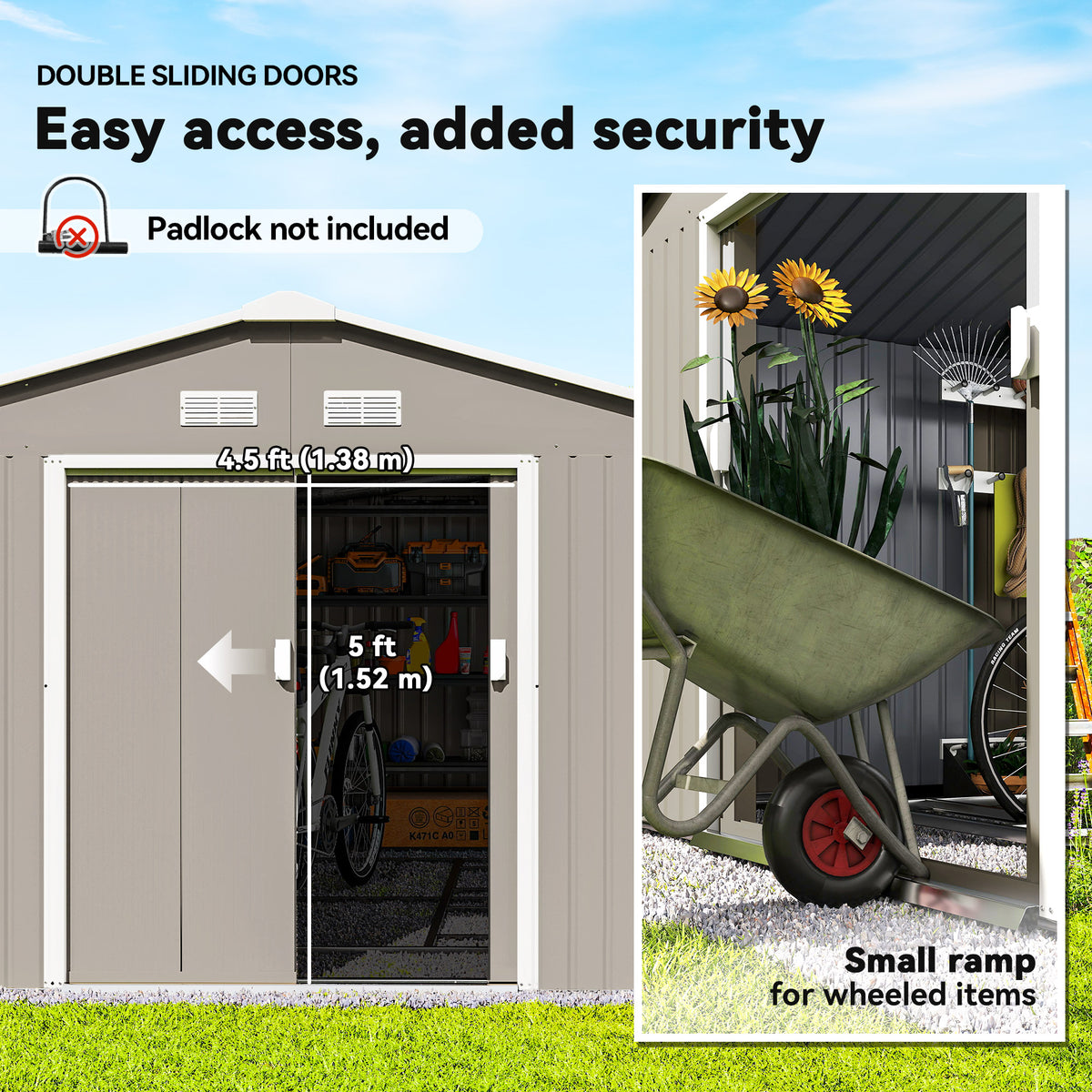 11' x 13'Garden Storage Shed w/ Foundation Kit Metal Tool Storage House w/ Double Doors – Light Grey